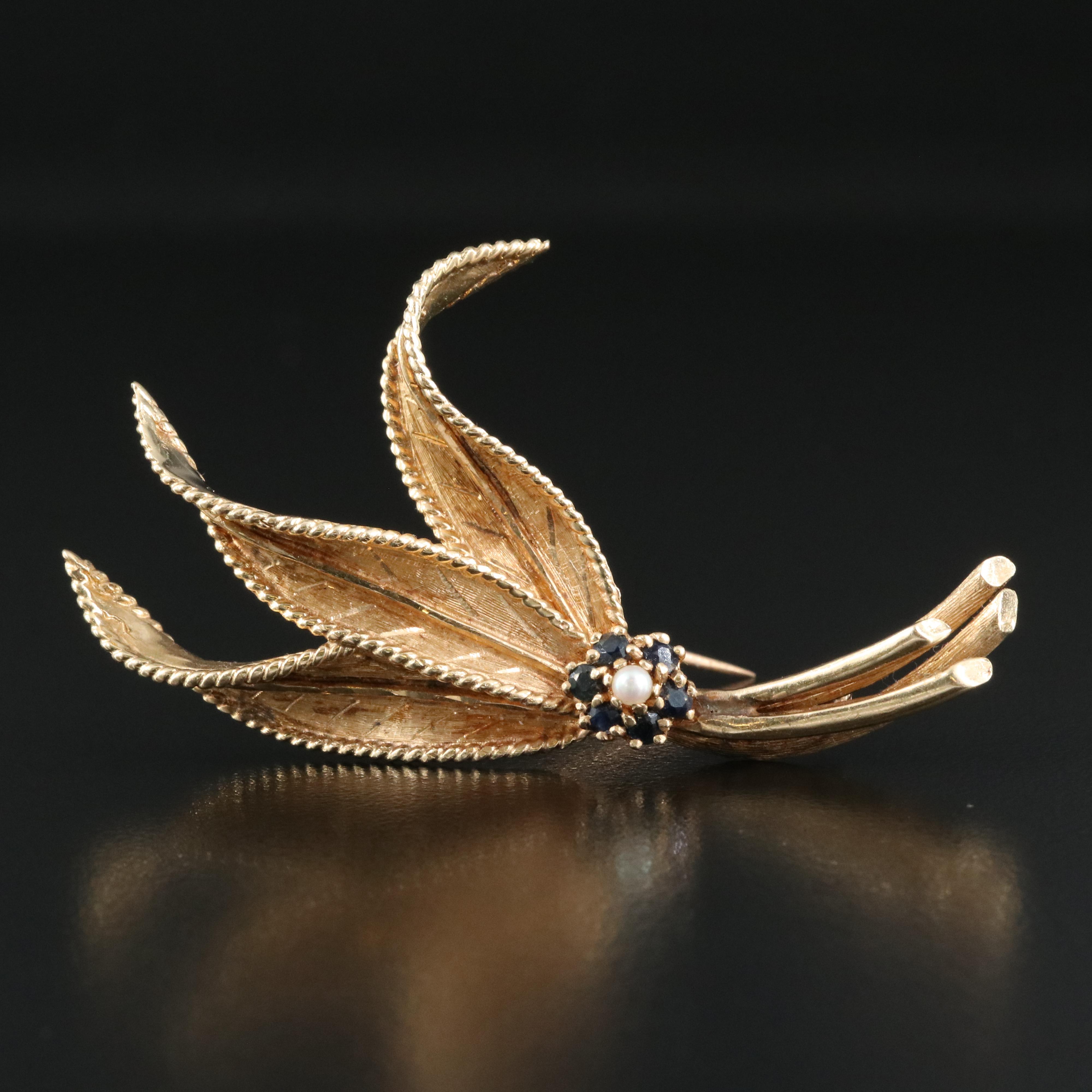 14K Seed Pearl and Sapphire Brooch