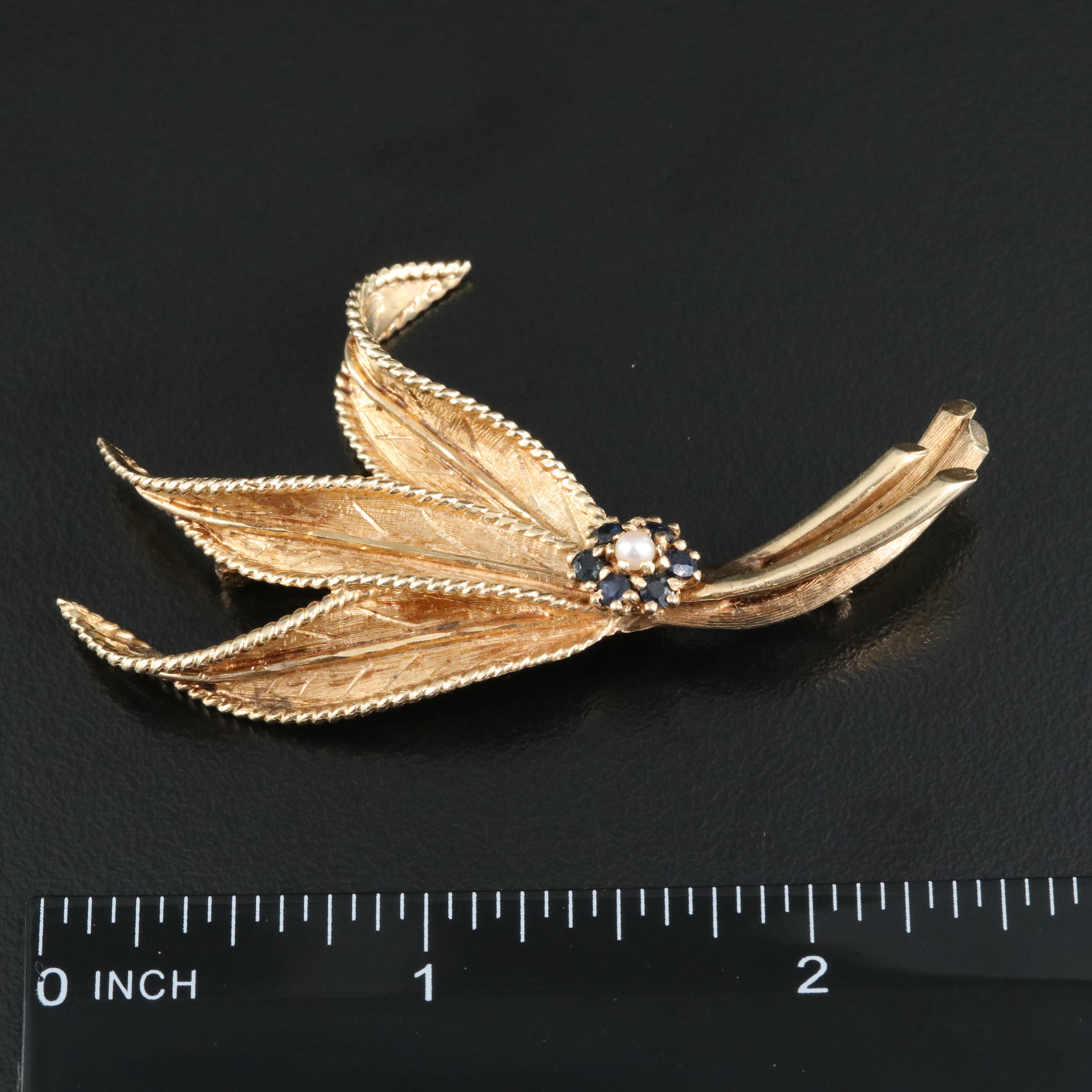 14K Seed Pearl and Sapphire Brooch