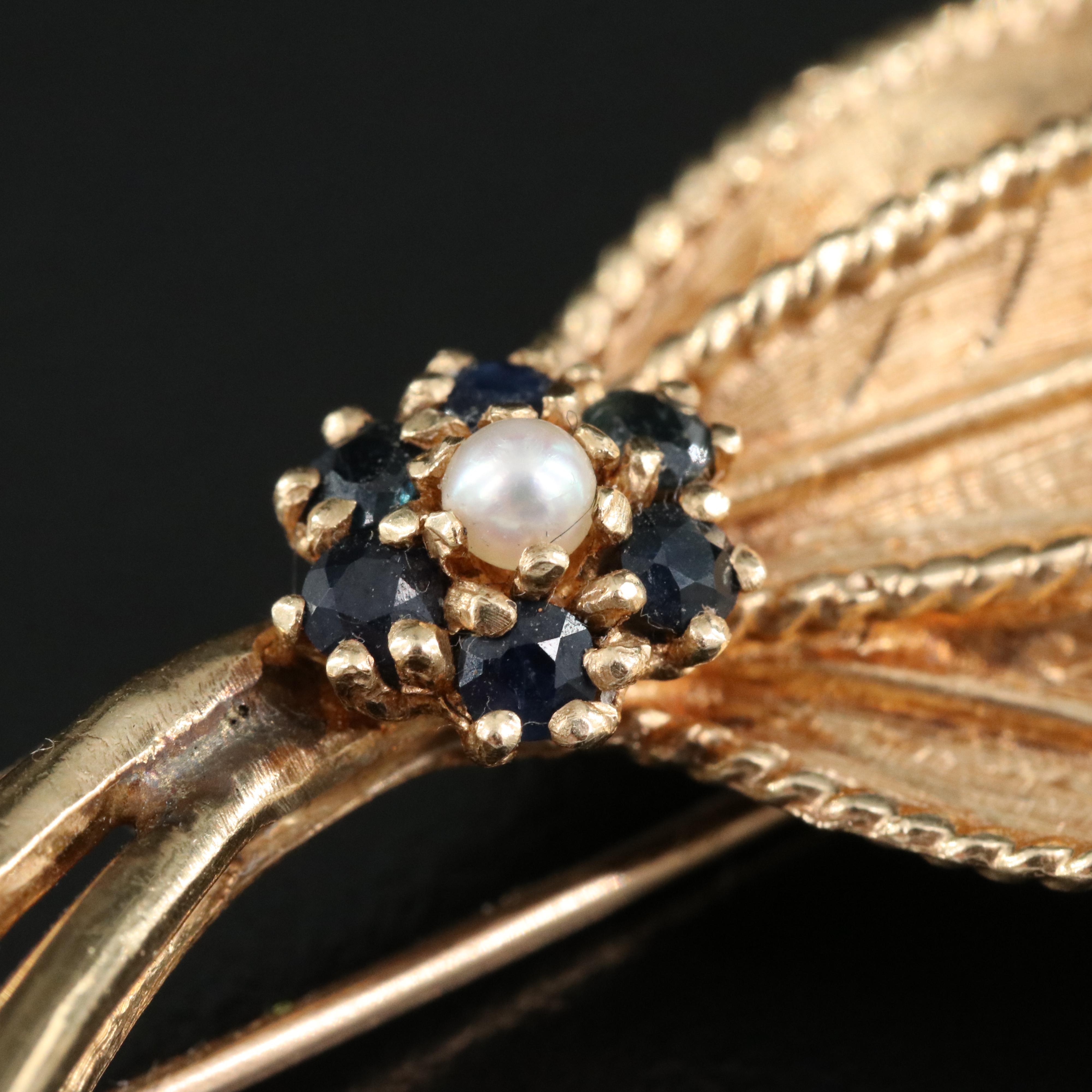 14K Seed Pearl and Sapphire Brooch
