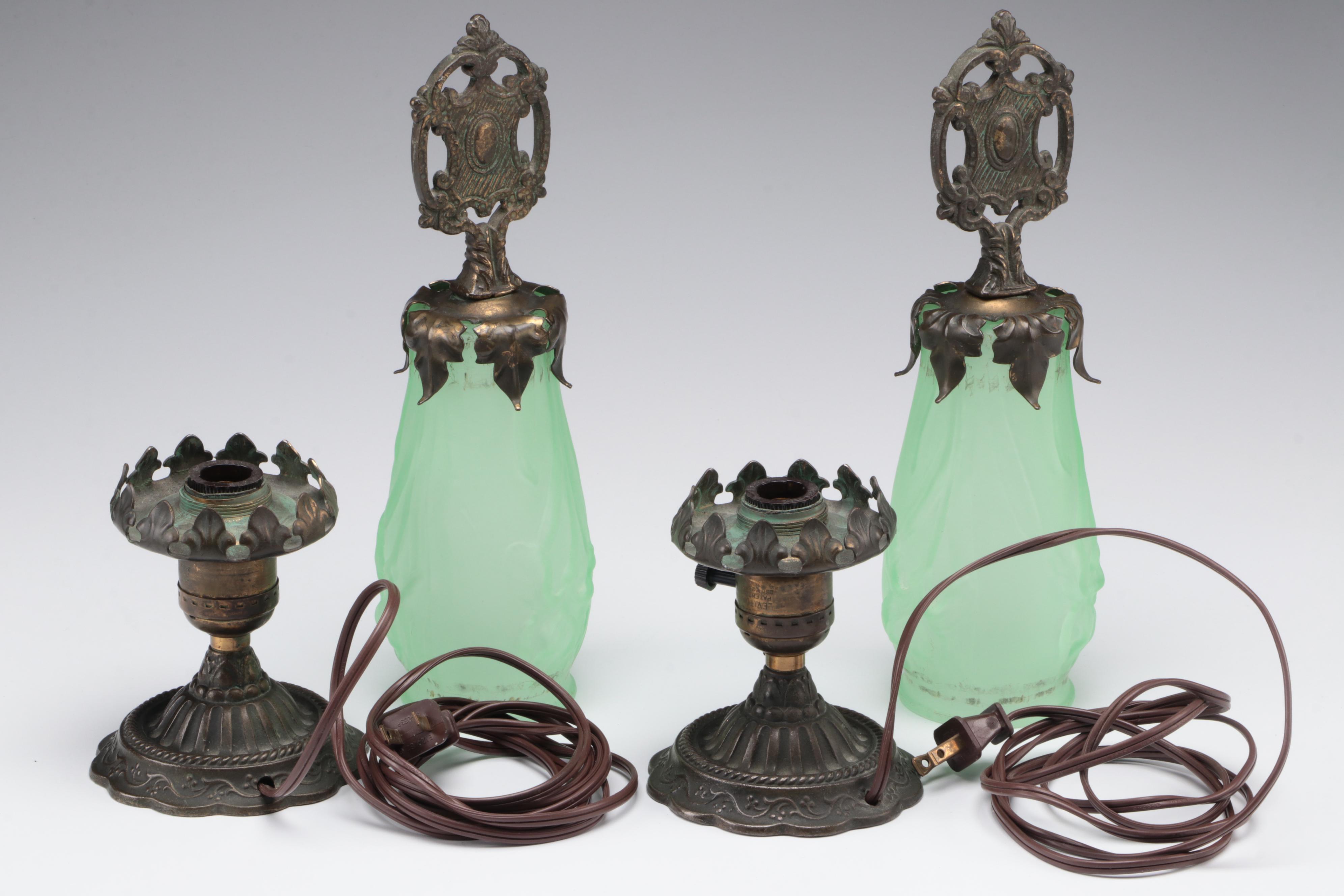 Pair of Victorian Style Boudoir Lamps with Satin Uranium Glass Shades, 1930s