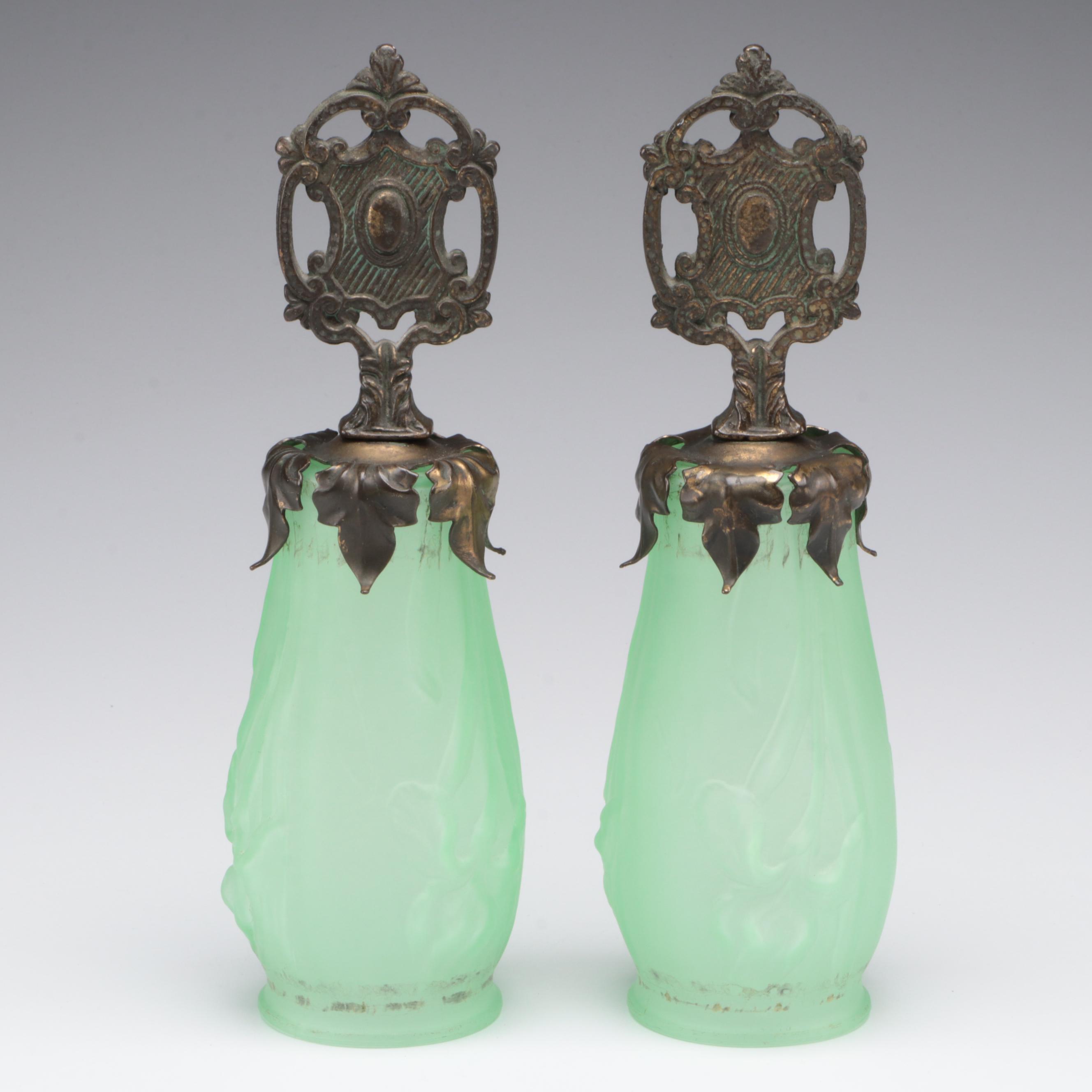 Pair of Victorian Style Boudoir Lamps with Satin Uranium Glass Shades, 1930s