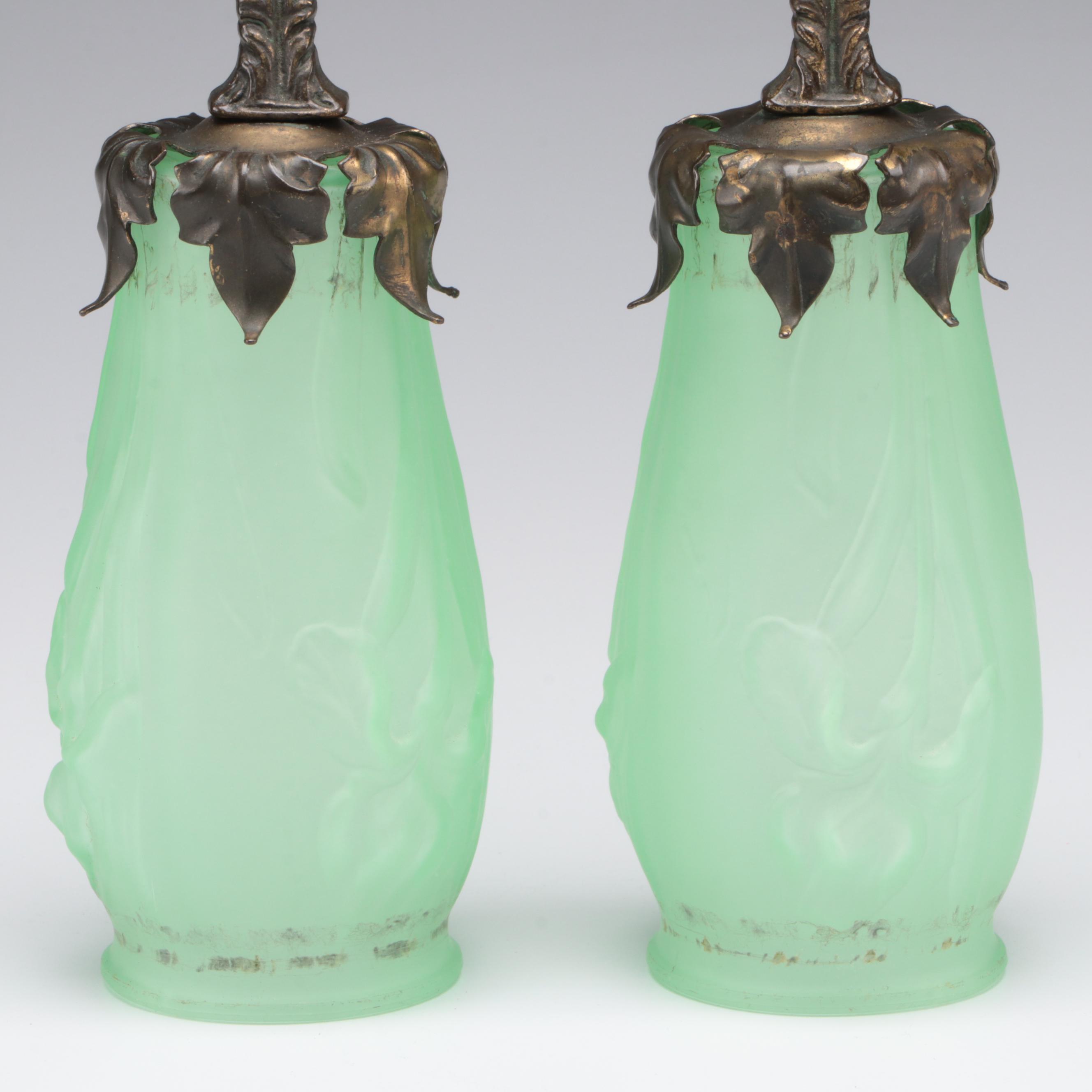 Pair of Victorian Style Boudoir Lamps with Satin Uranium Glass Shades, 1930s