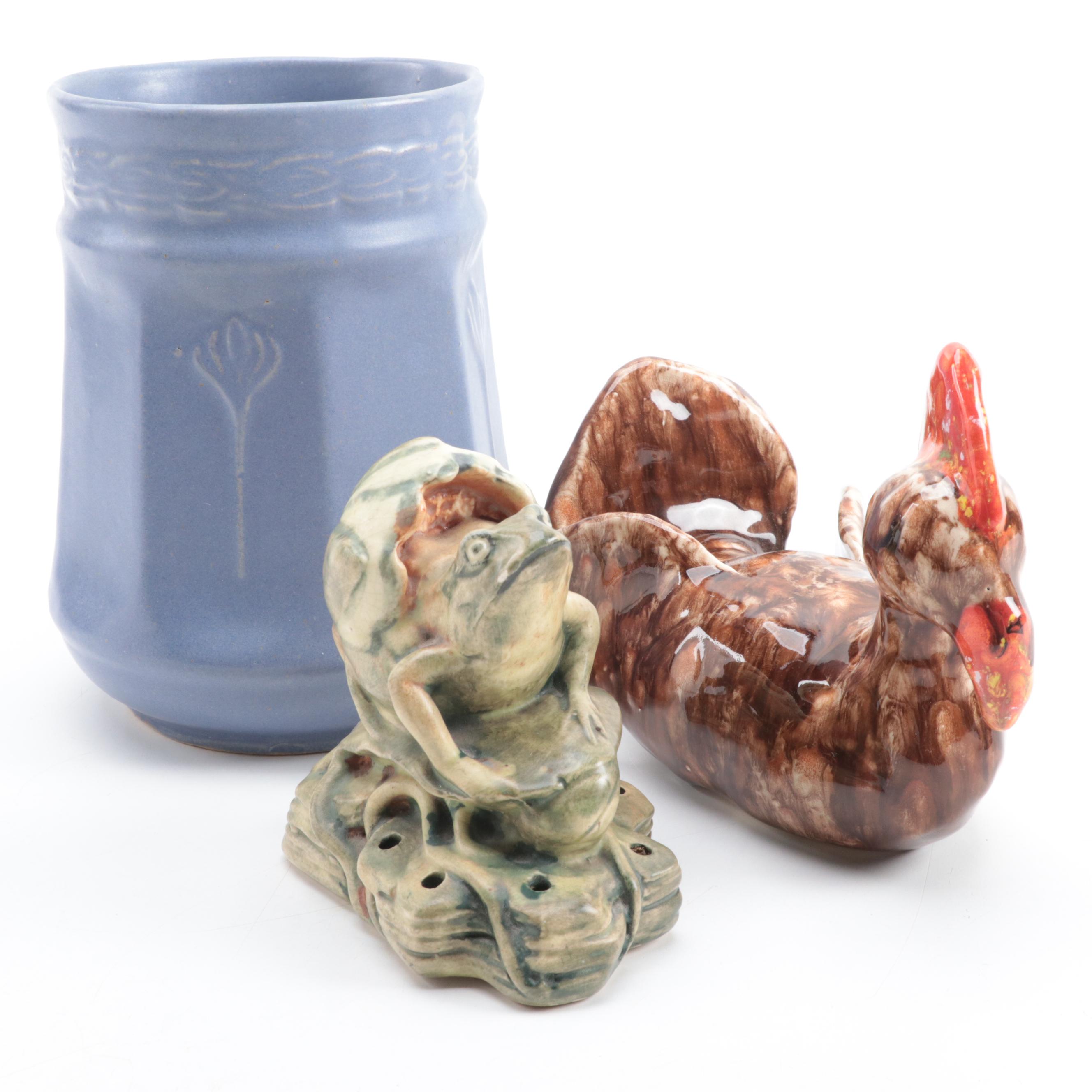Art Deco Style Matte Blue Vase with Art Pottery Flower Frog and Chicken Figurine