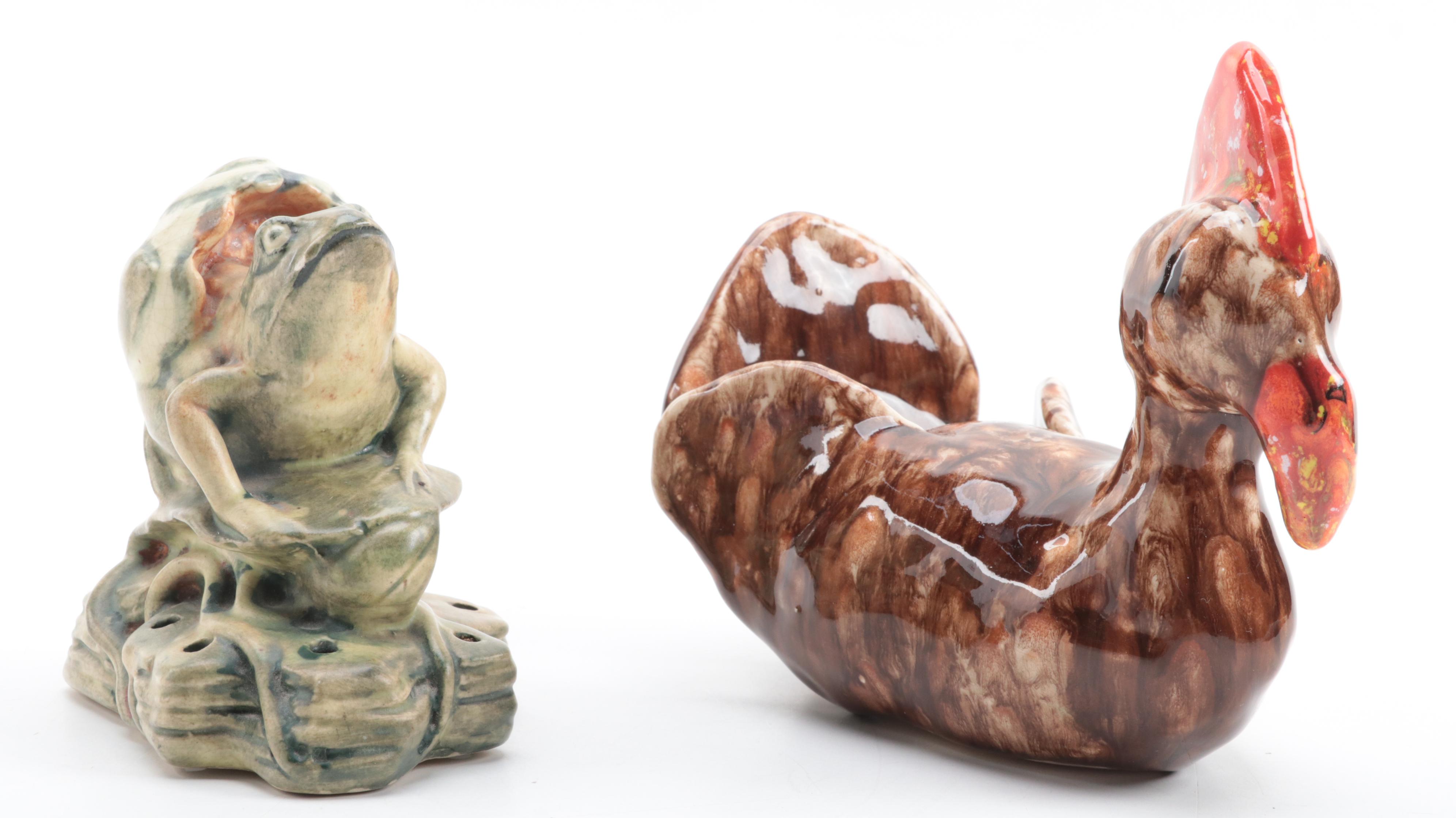 Art Deco Style Matte Blue Vase with Art Pottery Flower Frog and Chicken Figurine