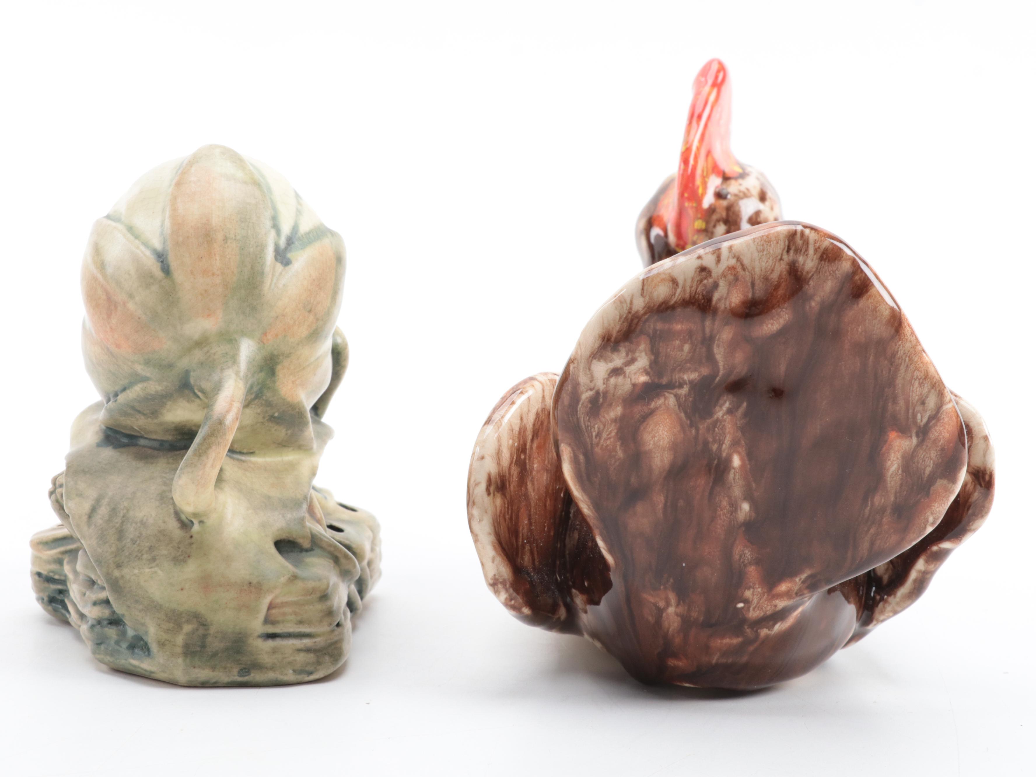 Art Deco Style Matte Blue Vase with Art Pottery Flower Frog and Chicken Figurine