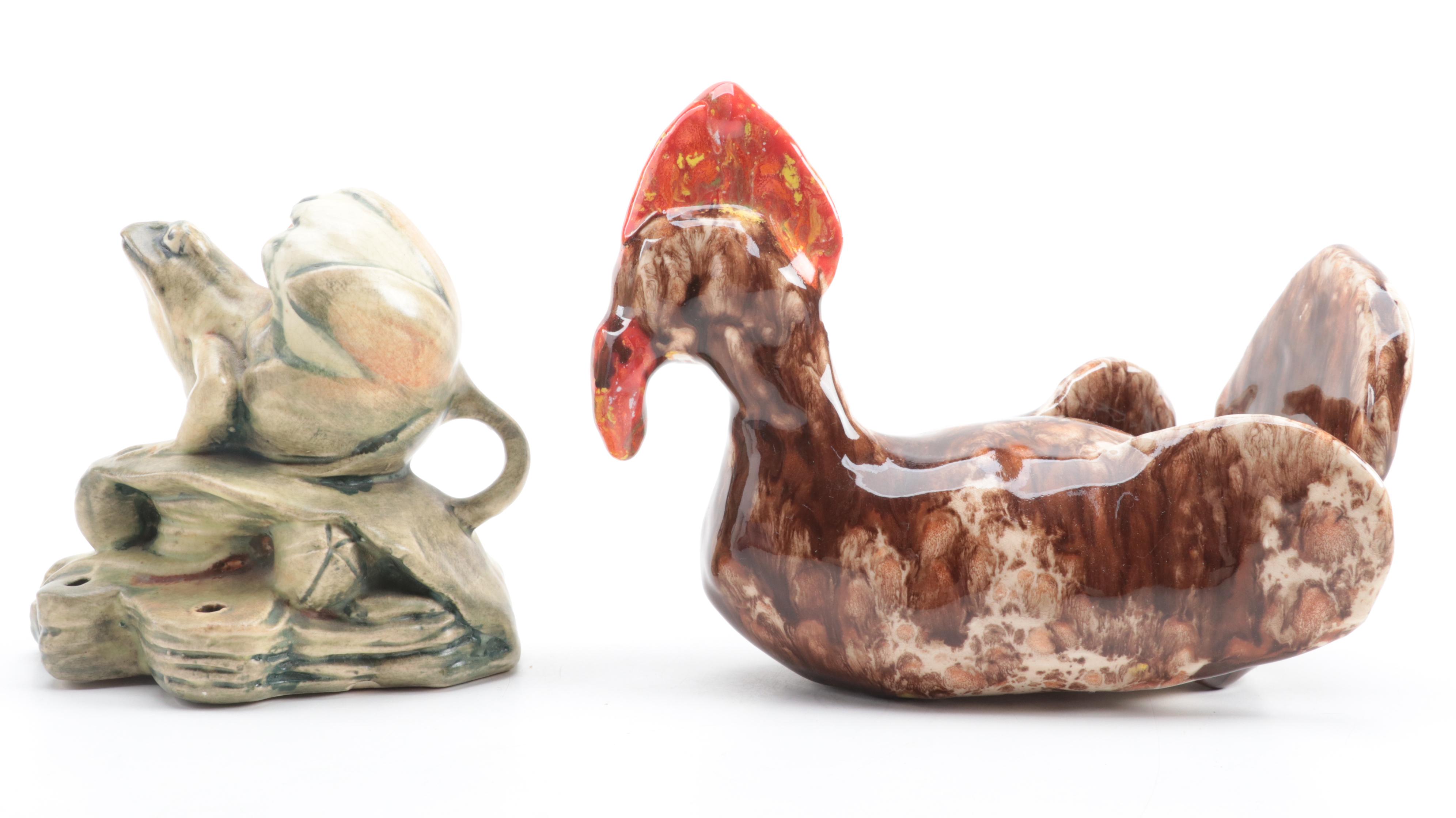 Art Deco Style Matte Blue Vase with Art Pottery Flower Frog and Chicken Figurine