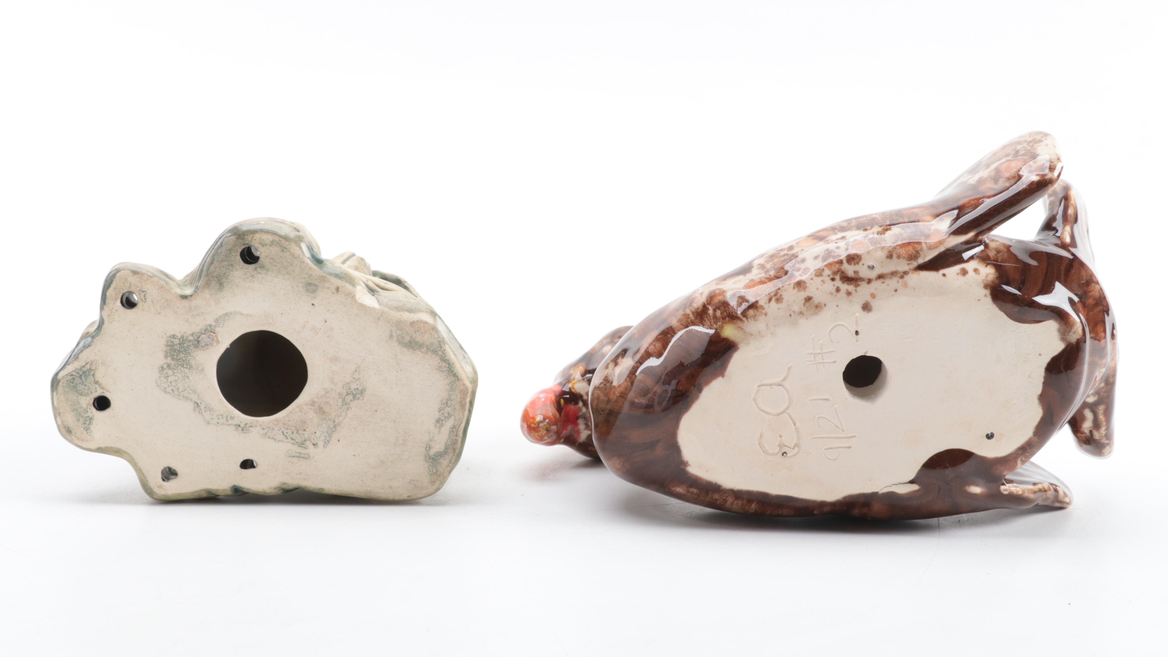 Art Deco Style Matte Blue Vase with Art Pottery Flower Frog and Chicken Figurine