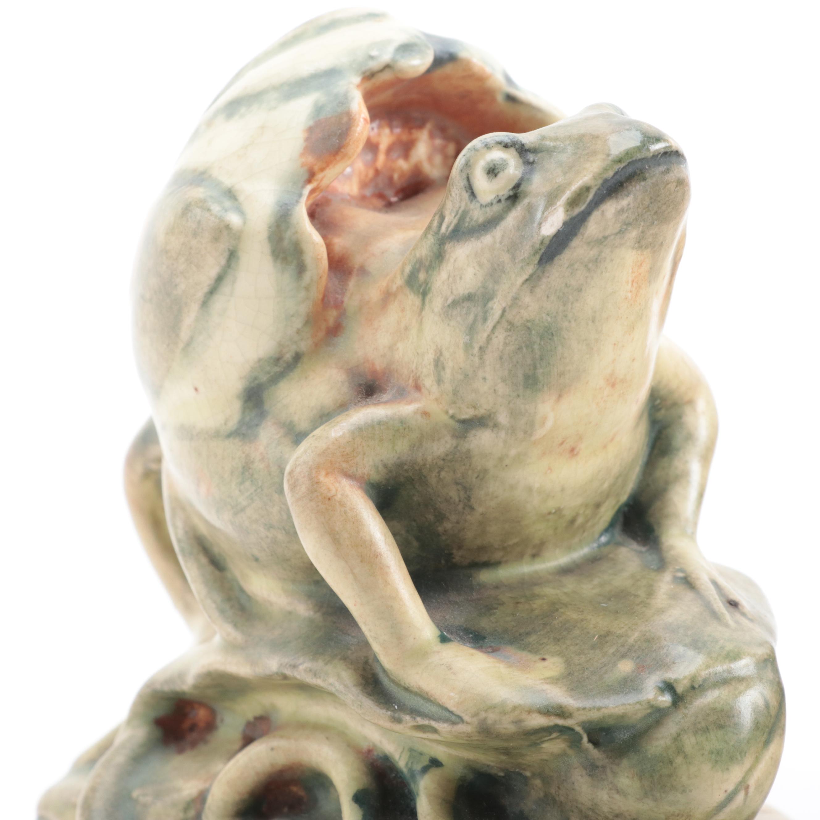 Art Deco Style Matte Blue Vase with Art Pottery Flower Frog and Chicken Figurine