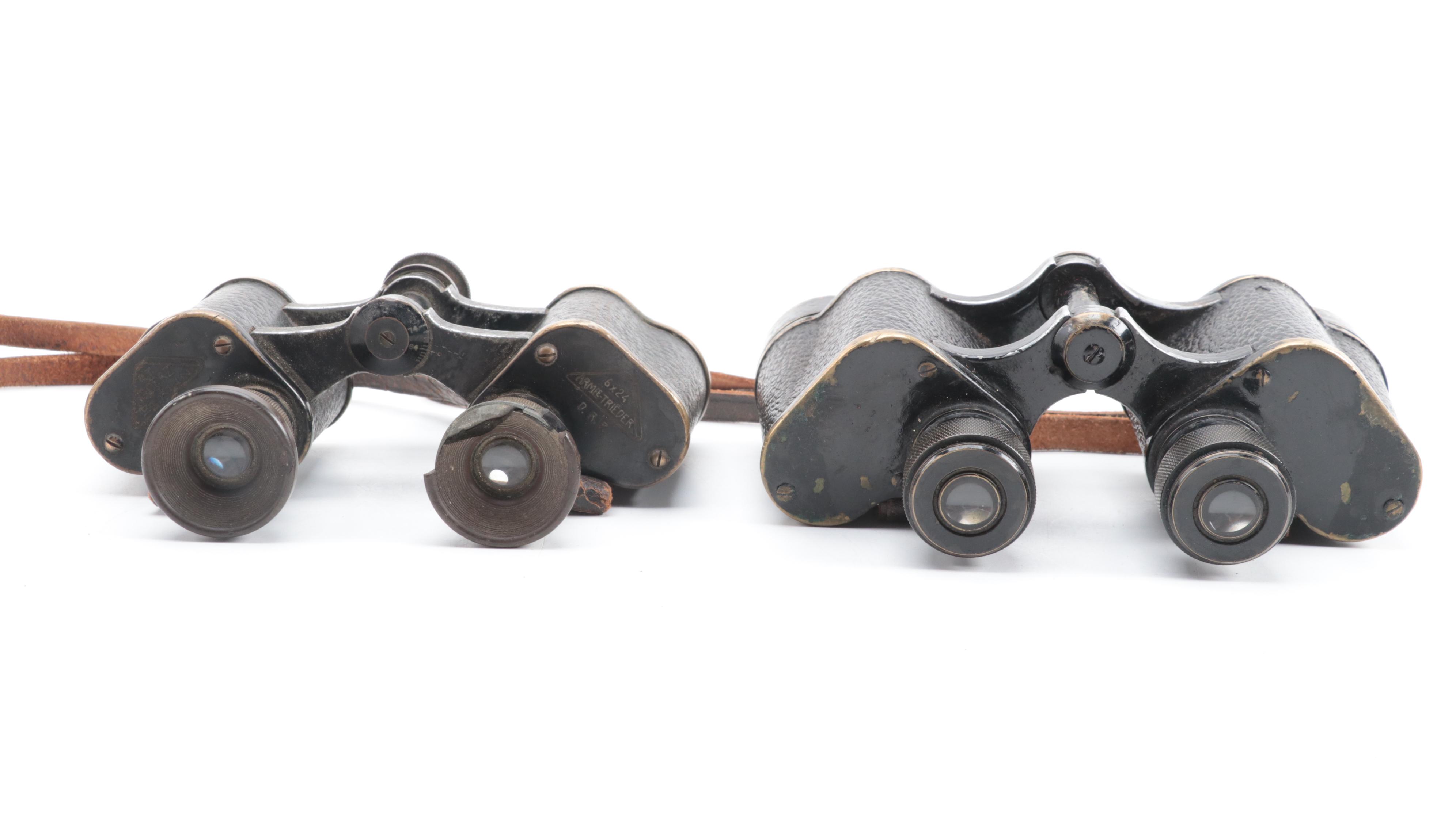 WWI and WWII Era Trieder and Other Military Binoculars with Leather Cases