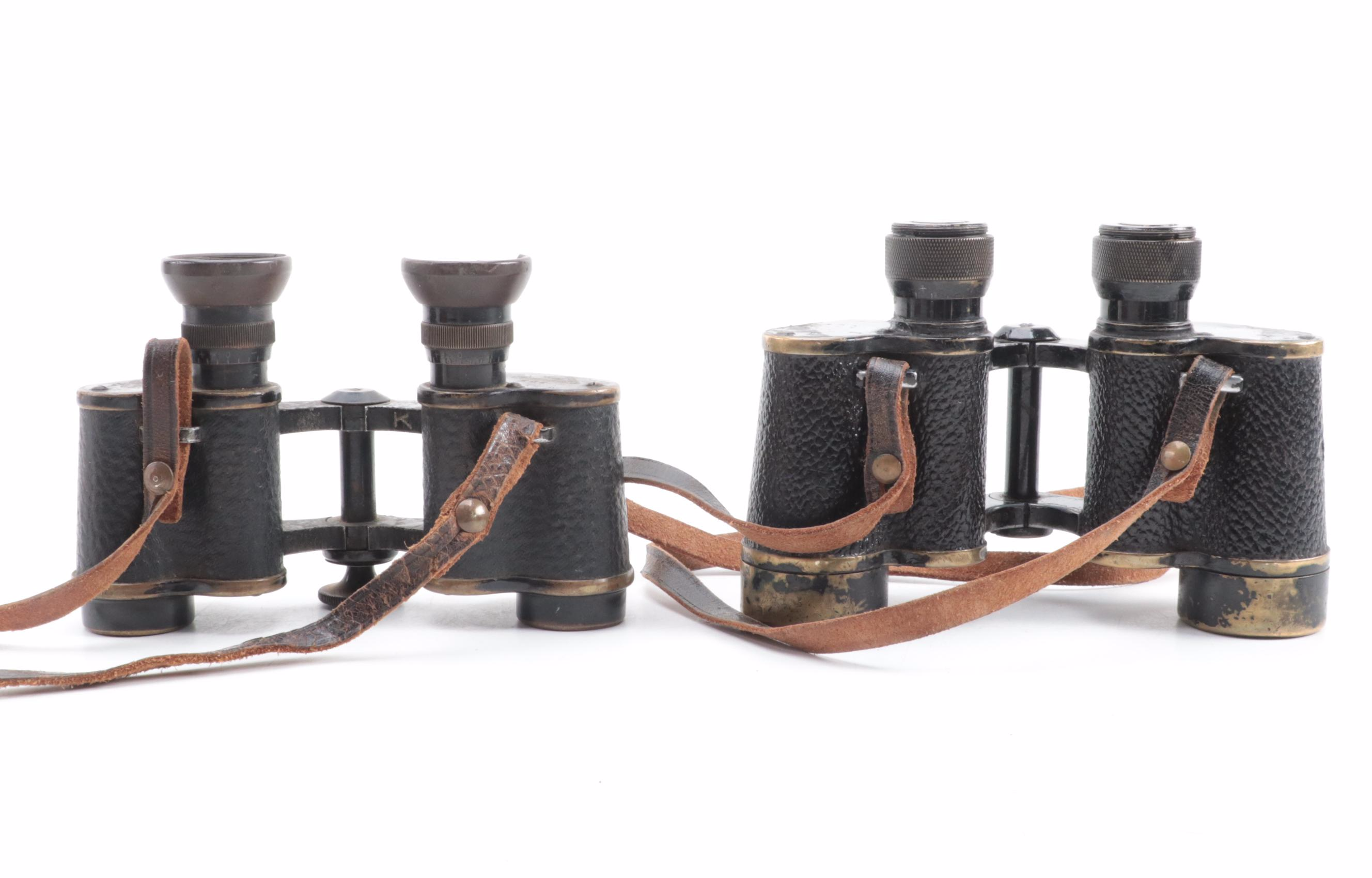 WWI and WWII Era Trieder and Other Military Binoculars with Leather Cases