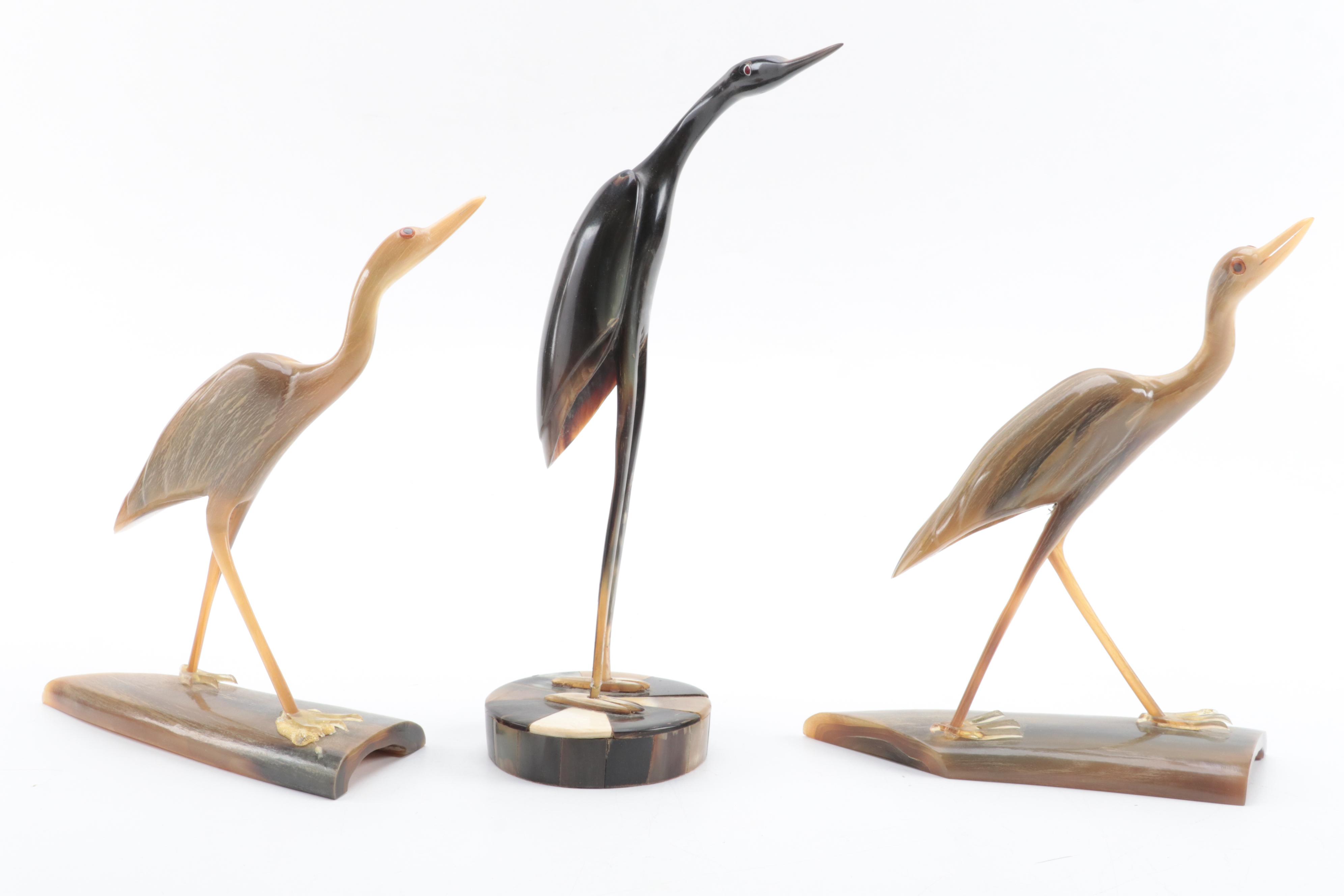 Hand-Carved Horn Heron Figurines