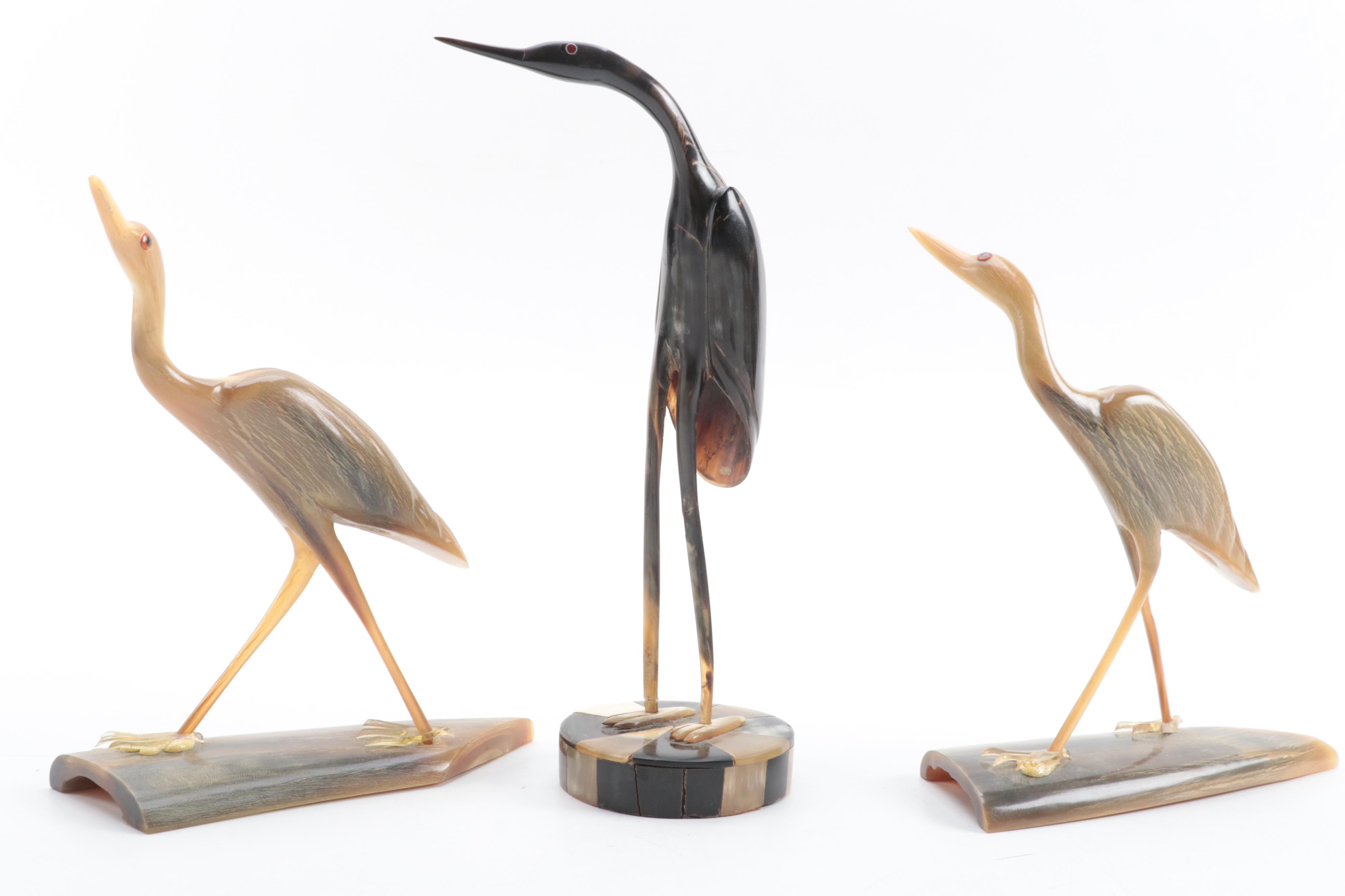 Hand-Carved Horn Heron Figurines