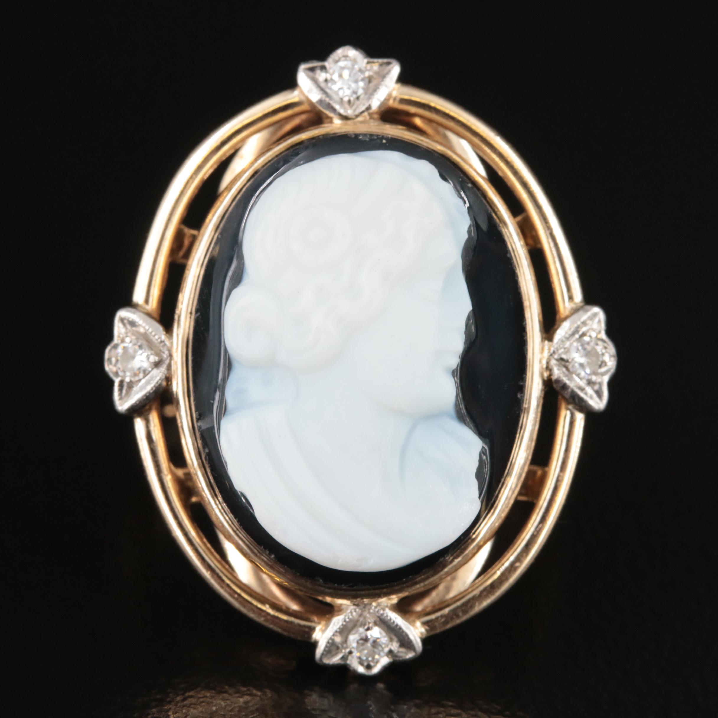 Vintage 14K Onyx and Diamond Cameo Ring with Platinum Accents