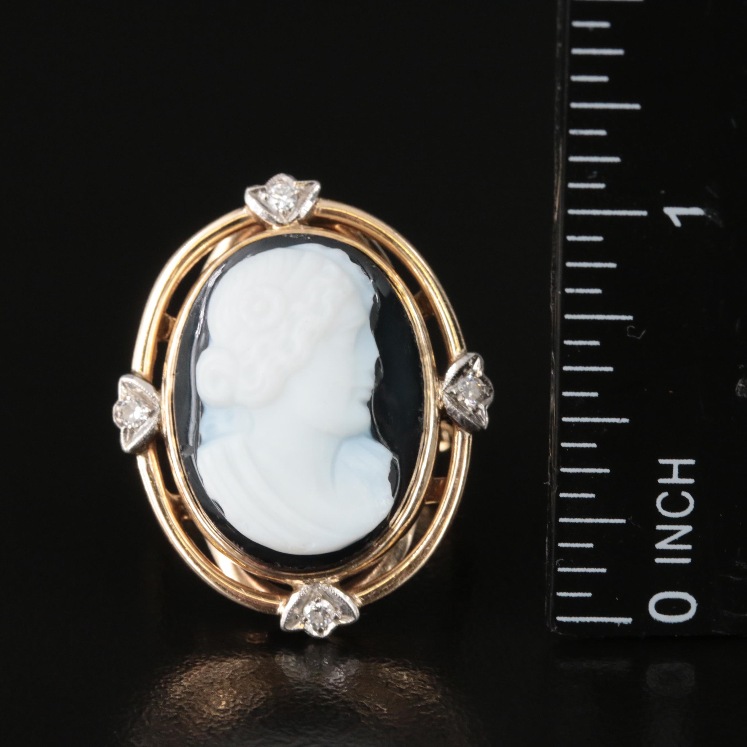 Vintage 14K Onyx and Diamond Cameo Ring with Platinum Accents