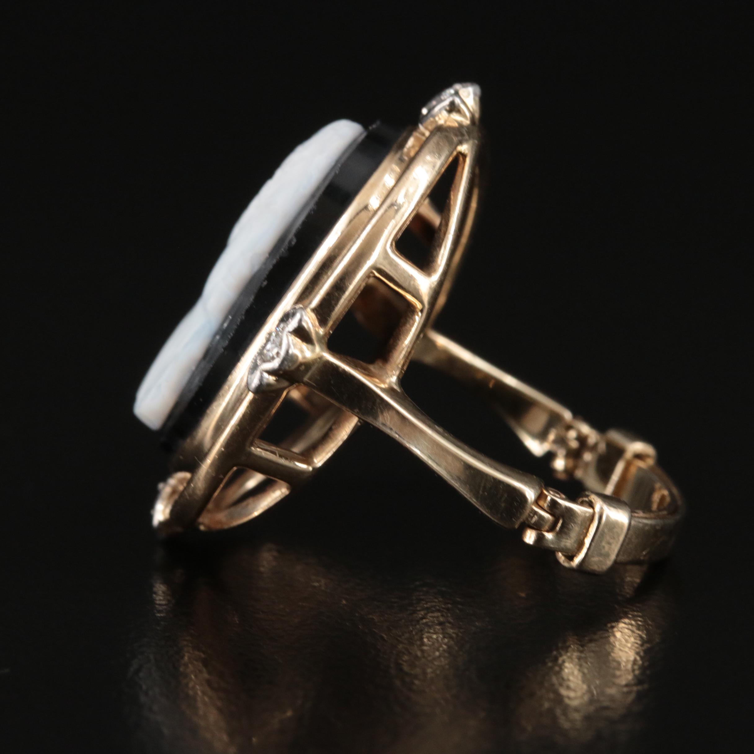 Vintage 14K Onyx and Diamond Cameo Ring with Platinum Accents