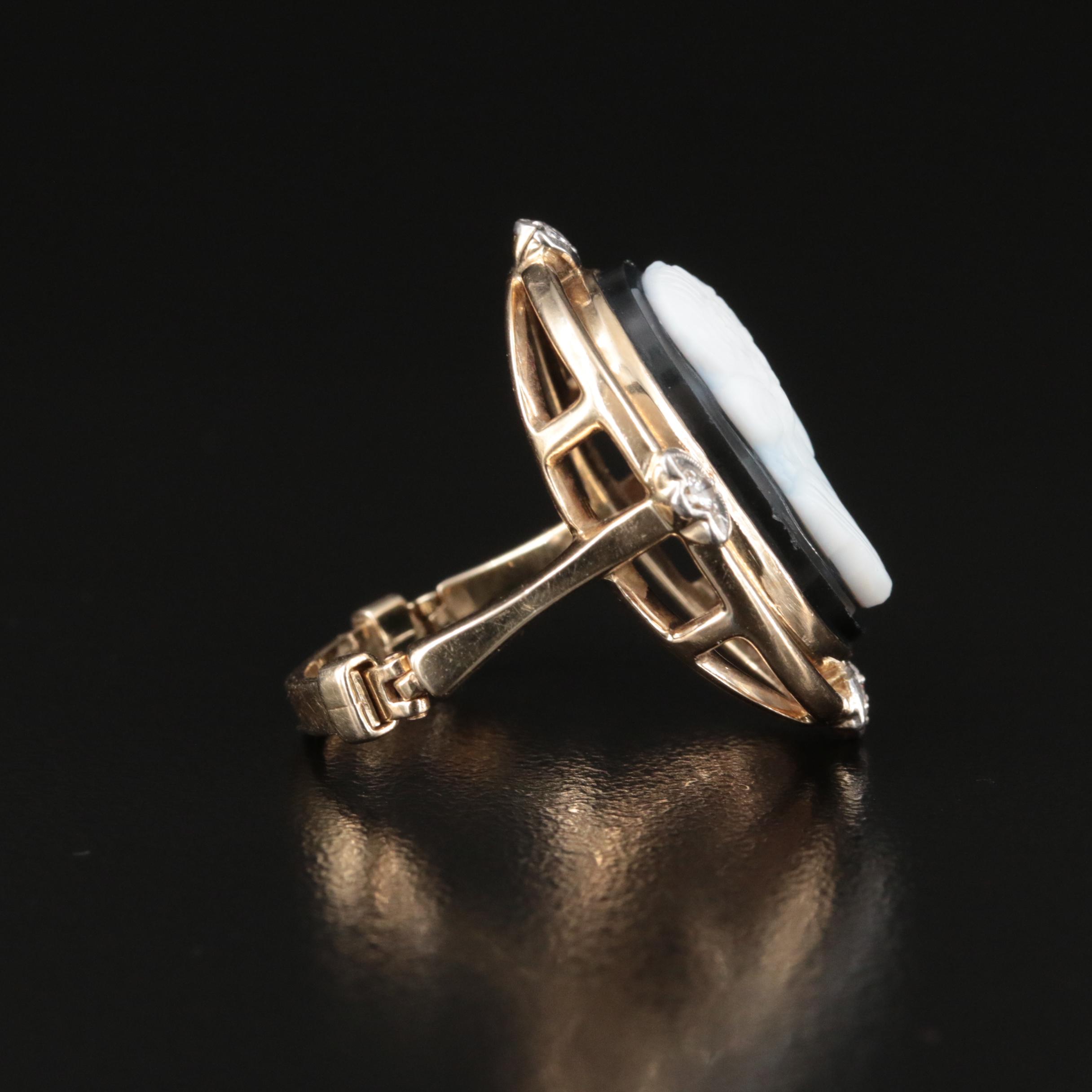 Vintage 14K Onyx and Diamond Cameo Ring with Platinum Accents