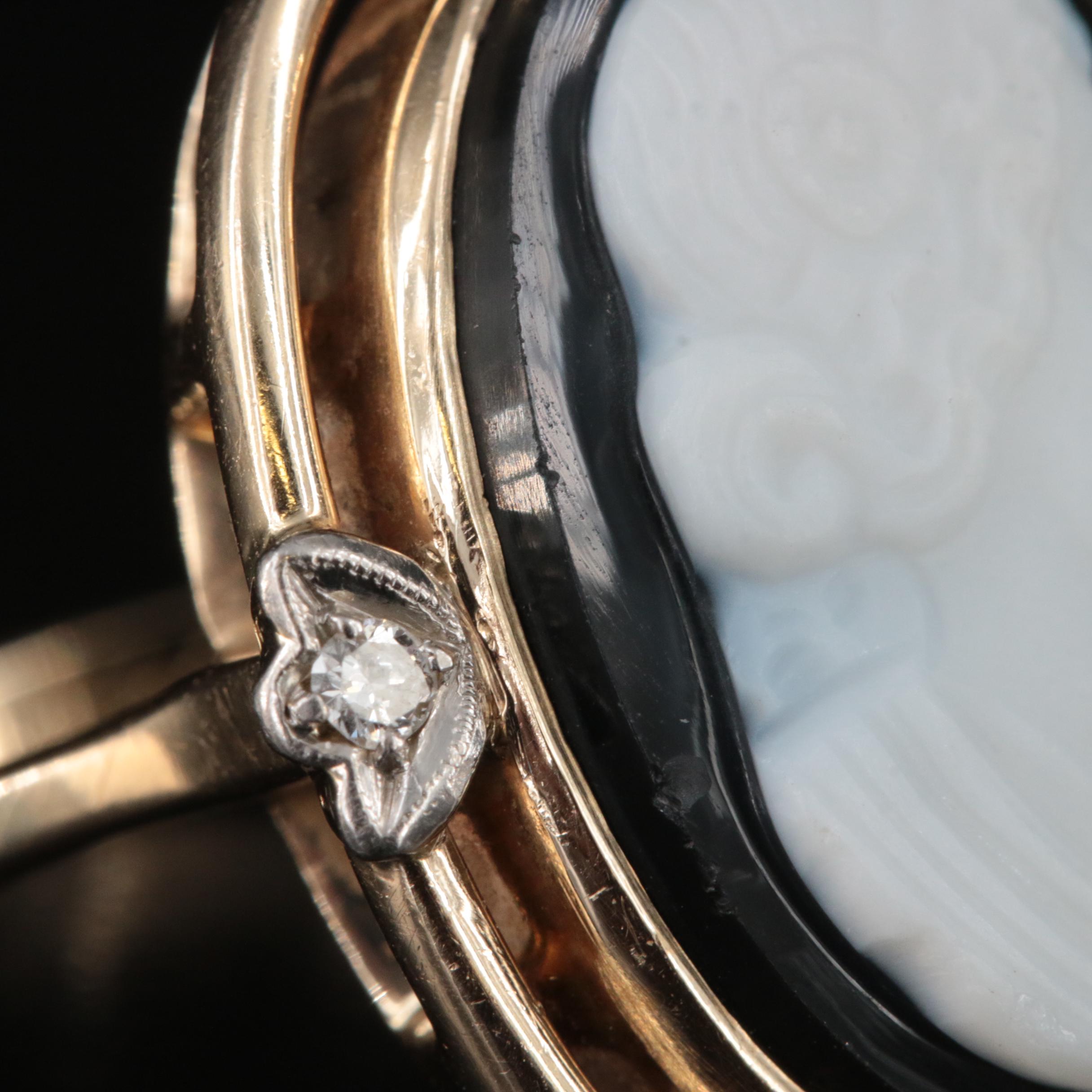 Vintage 14K Onyx and Diamond Cameo Ring with Platinum Accents