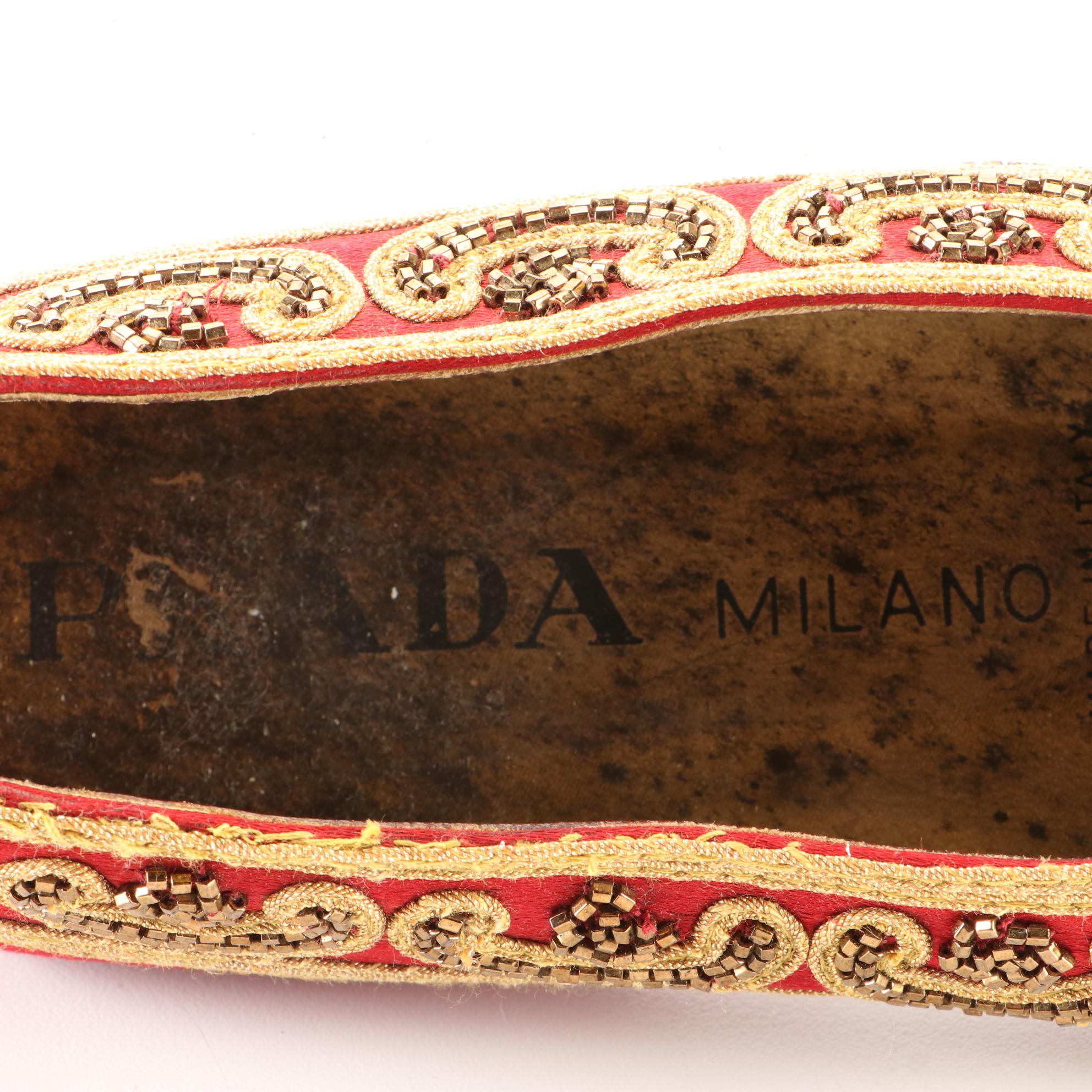 Prada Beaded Satin Flats with Embroidered Trim