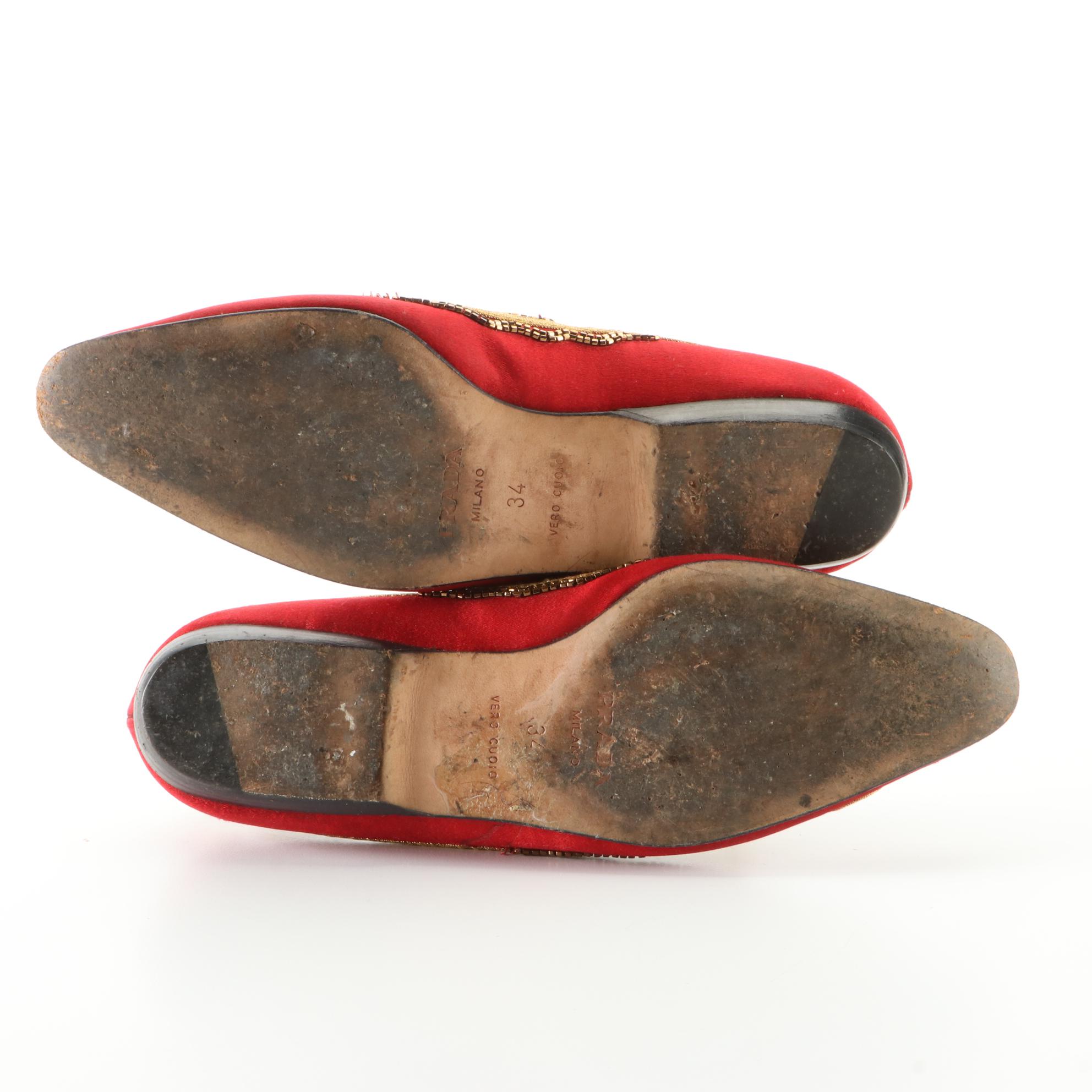 Prada Beaded Satin Flats with Embroidered Trim