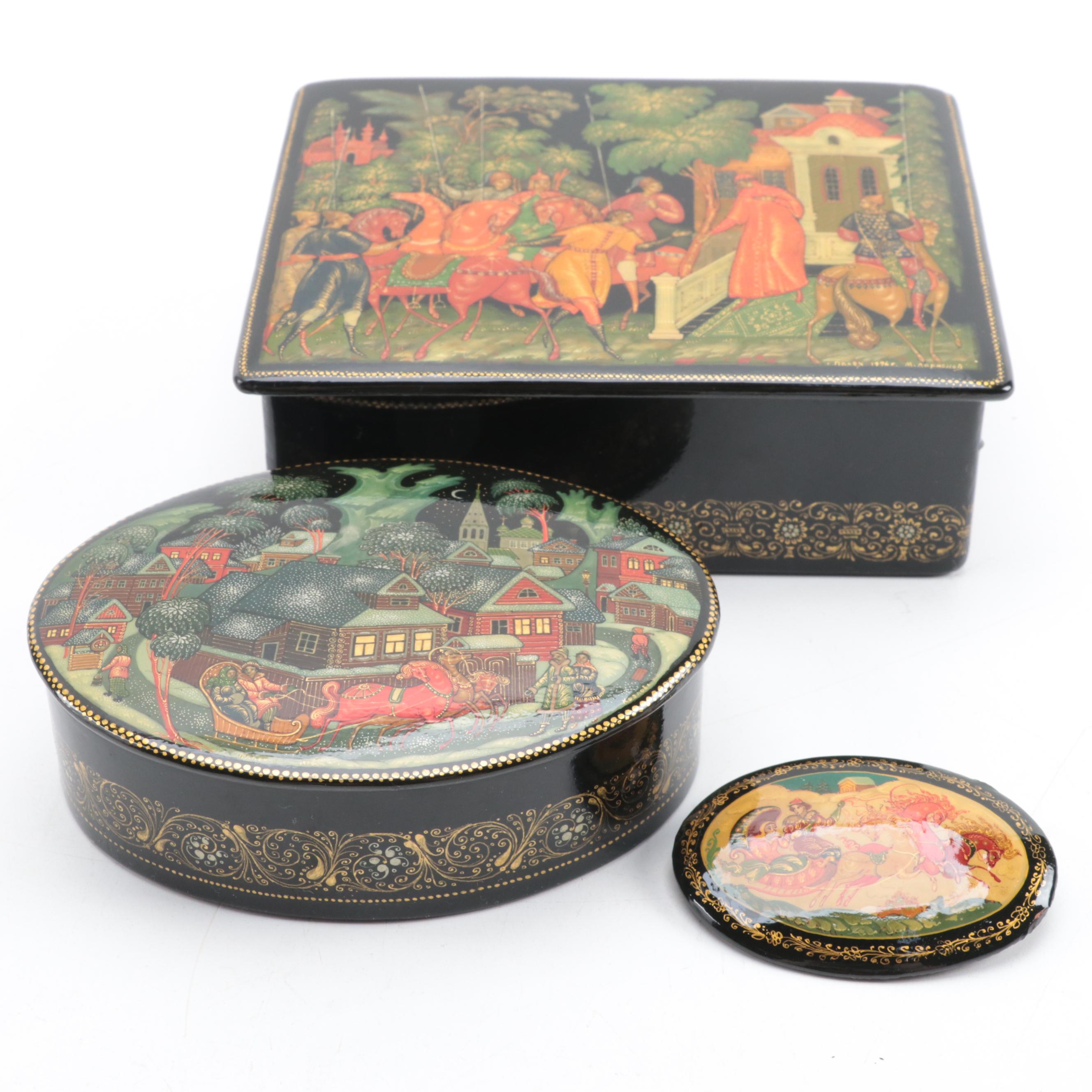 Russian Mstyora Pin With Palekh Troika, Folk Art Lacquerware Boxes and Book