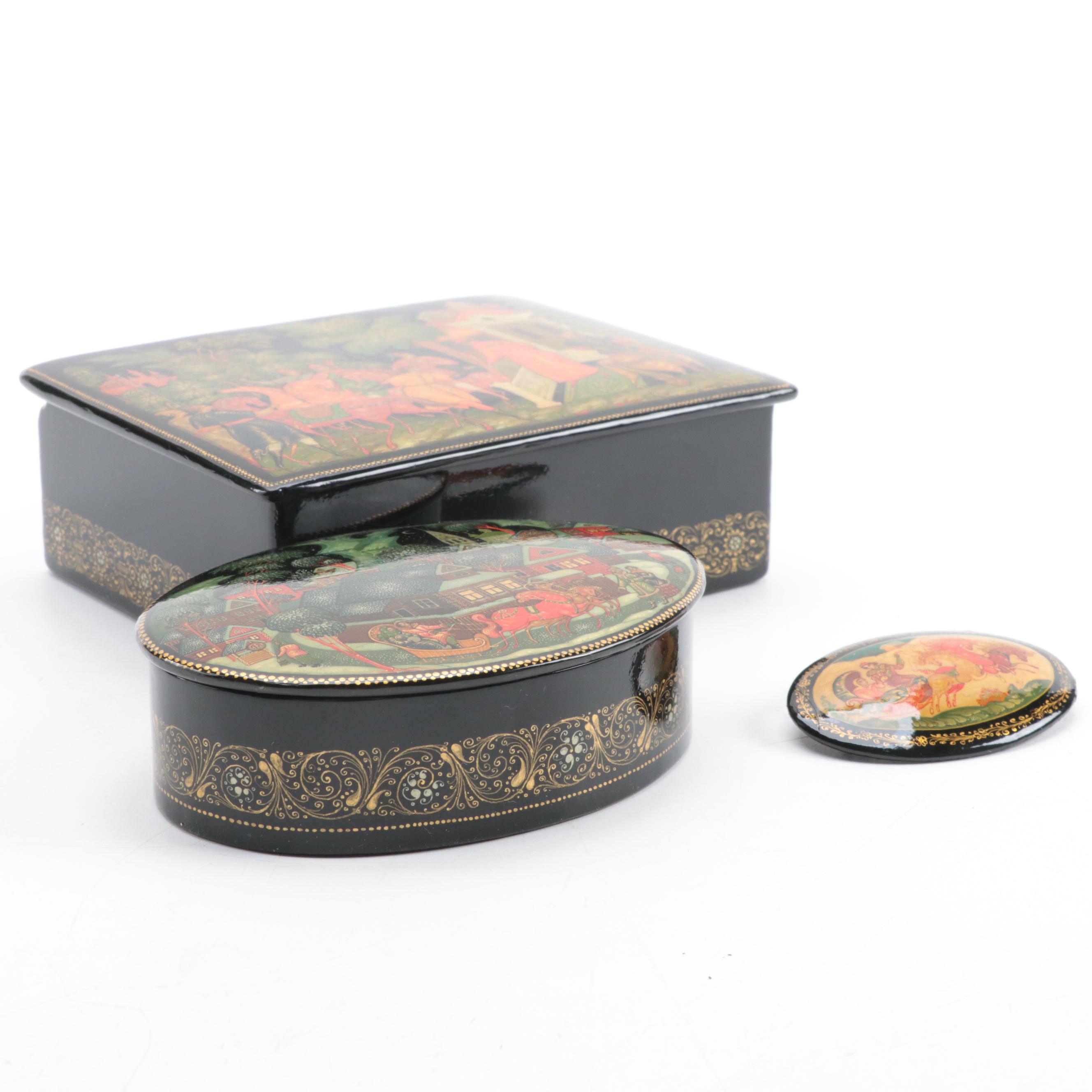 Russian Mstyora Pin With Palekh Troika, Folk Art Lacquerware Boxes and Book