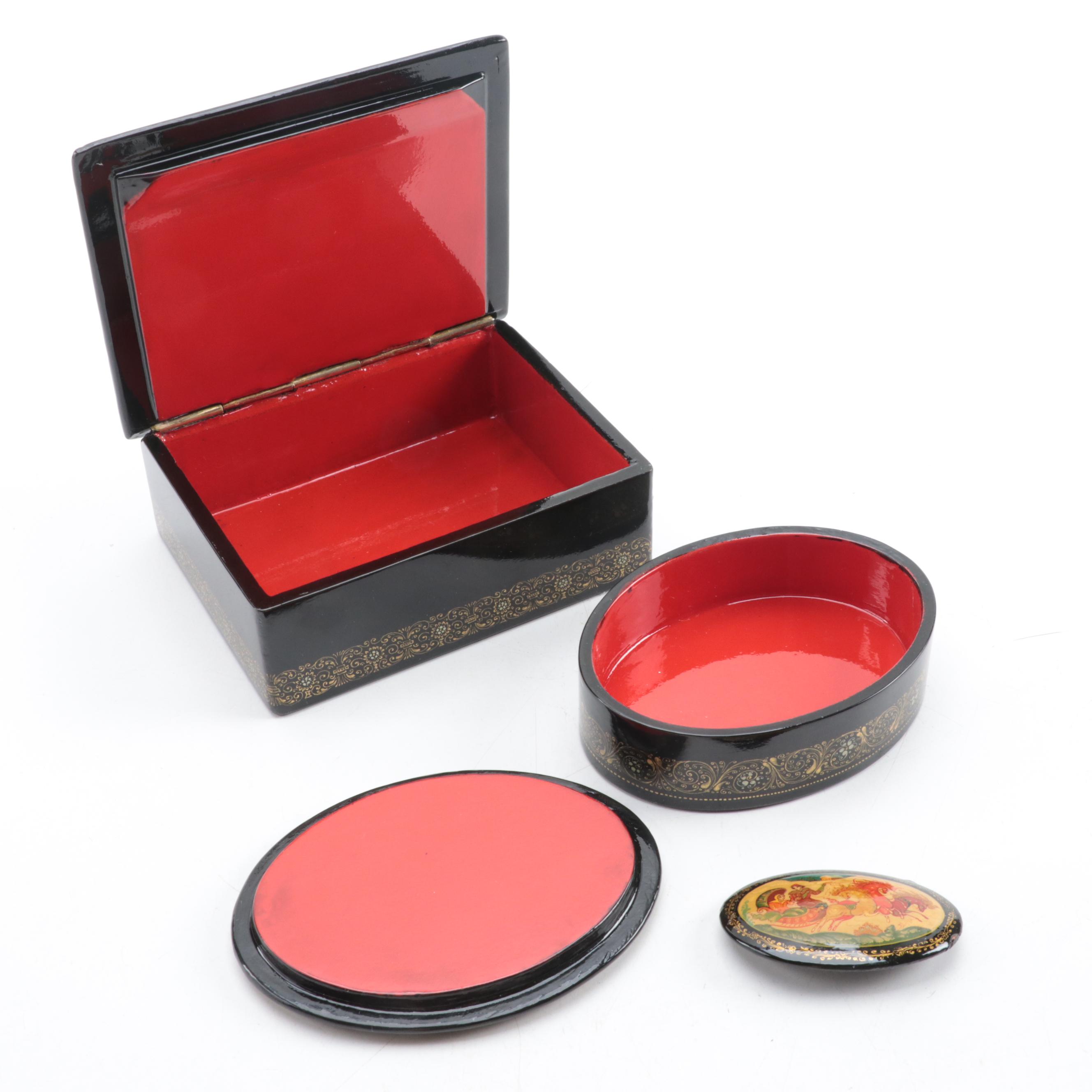 Russian Mstyora Pin With Palekh Troika, Folk Art Lacquerware Boxes and Book