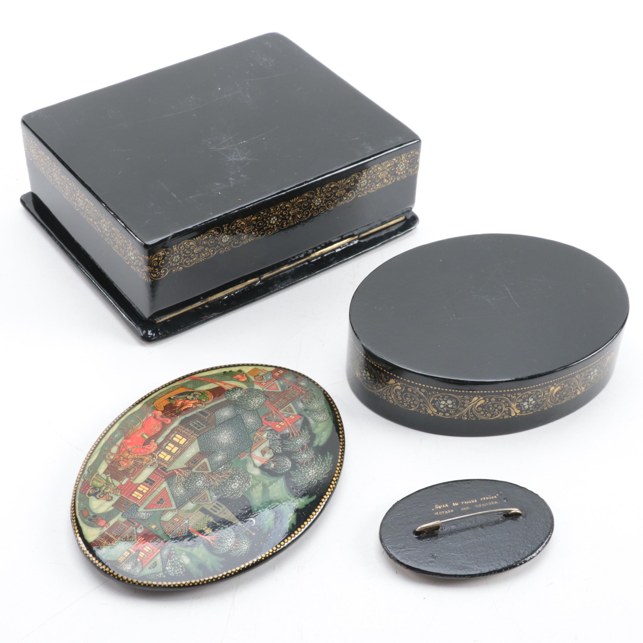 Russian Mstyora Pin With Palekh Troika, Folk Art Lacquerware Boxes and Book