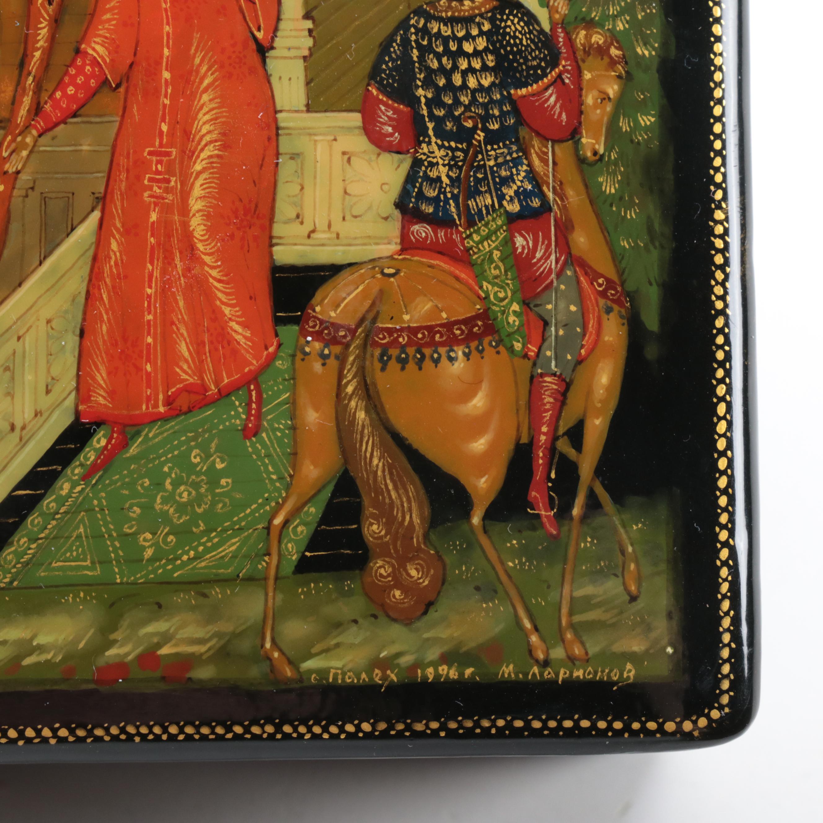 Russian Mstyora Pin With Palekh Troika, Folk Art Lacquerware Boxes and Book