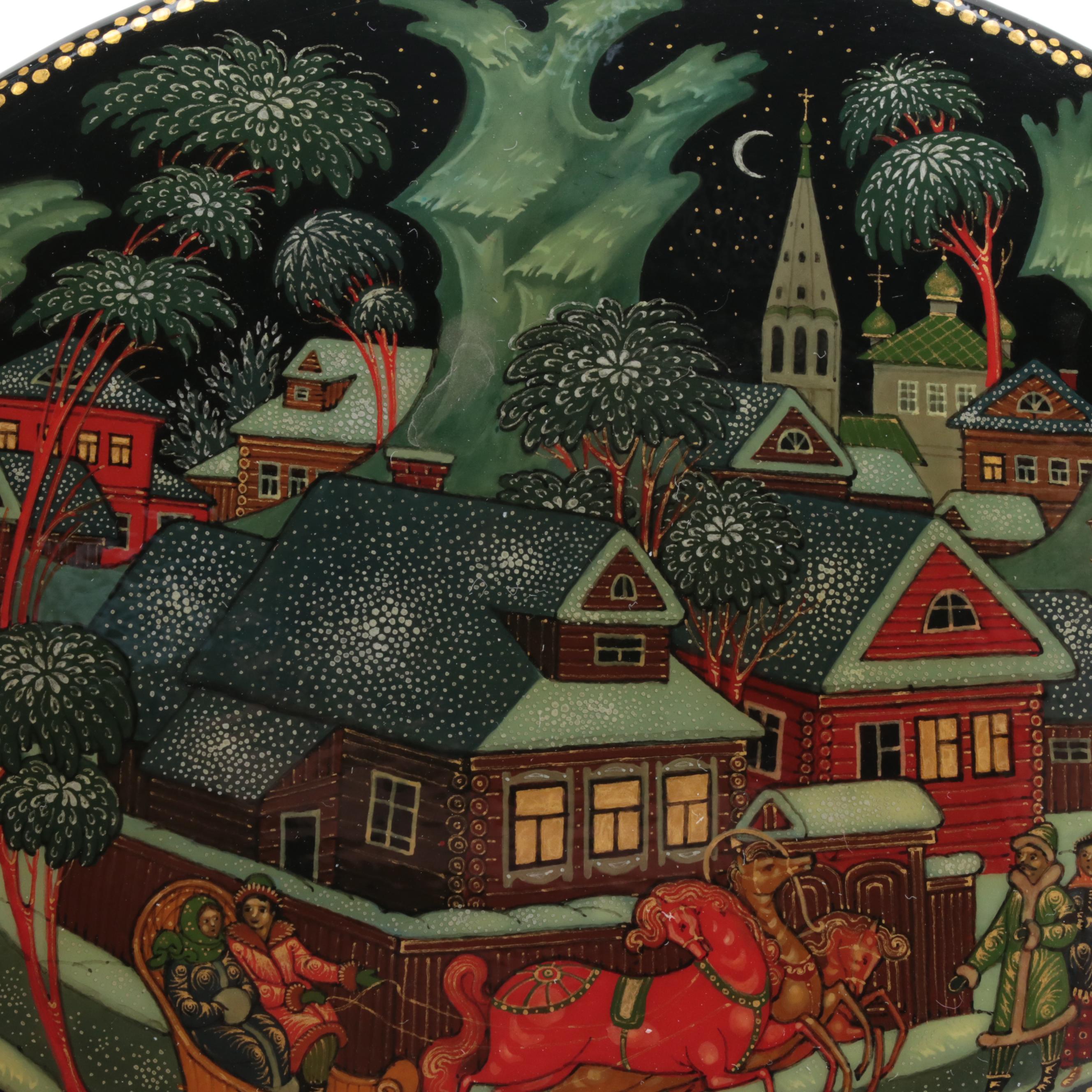 Russian Mstyora Pin With Palekh Troika, Folk Art Lacquerware Boxes and Book