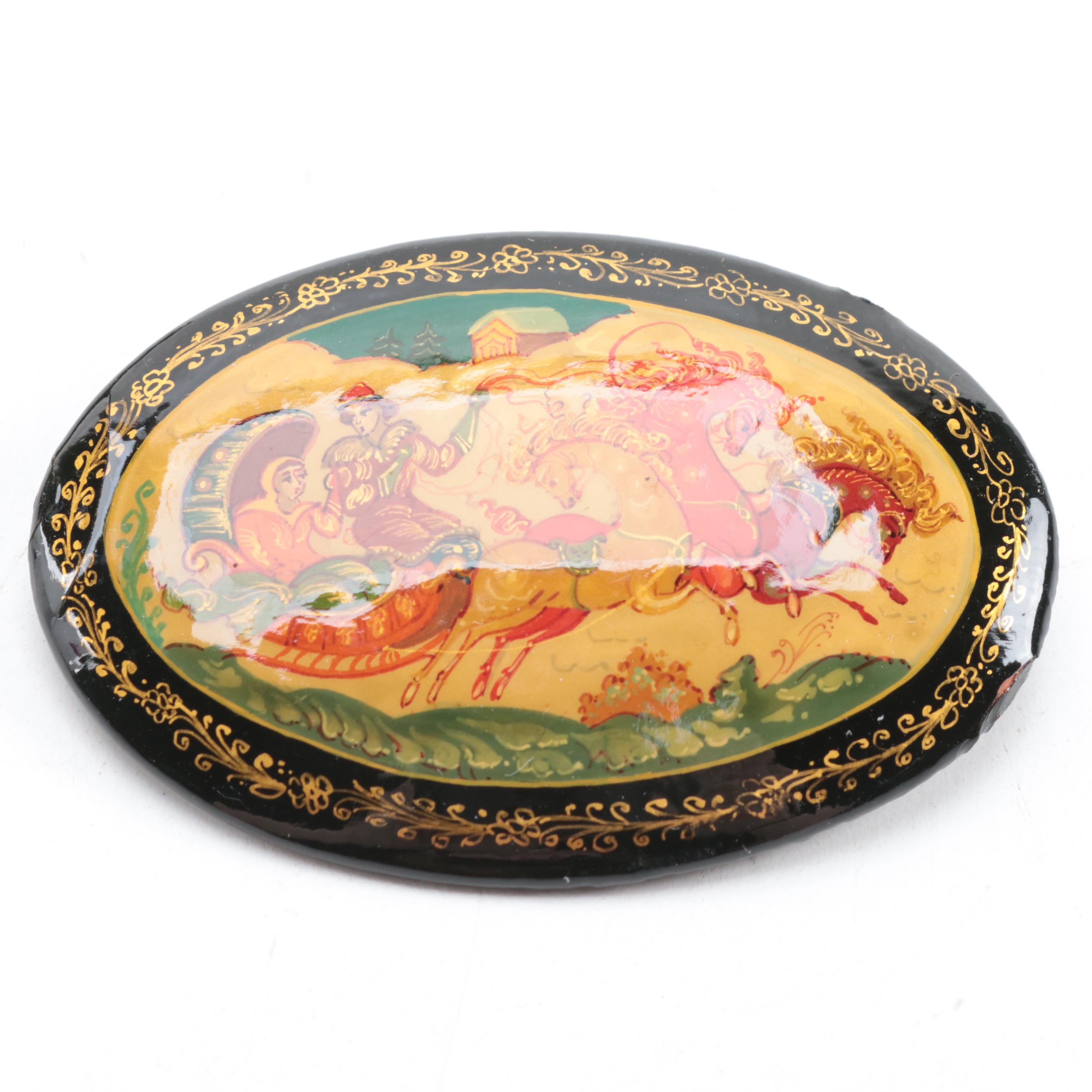 Russian Mstyora Pin With Palekh Troika, Folk Art Lacquerware Boxes and Book