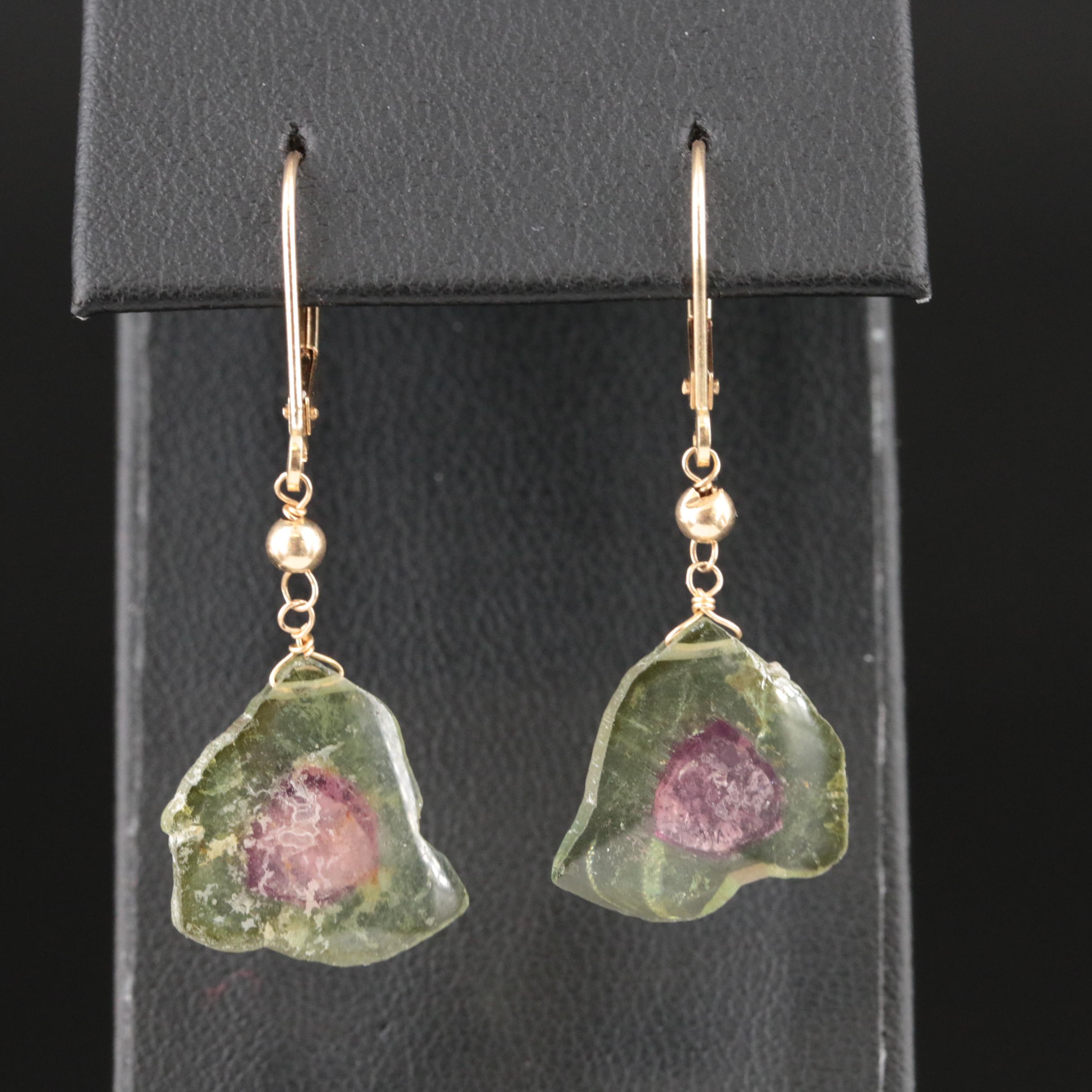 14K Watermelon Tourmaline Slice Earrings