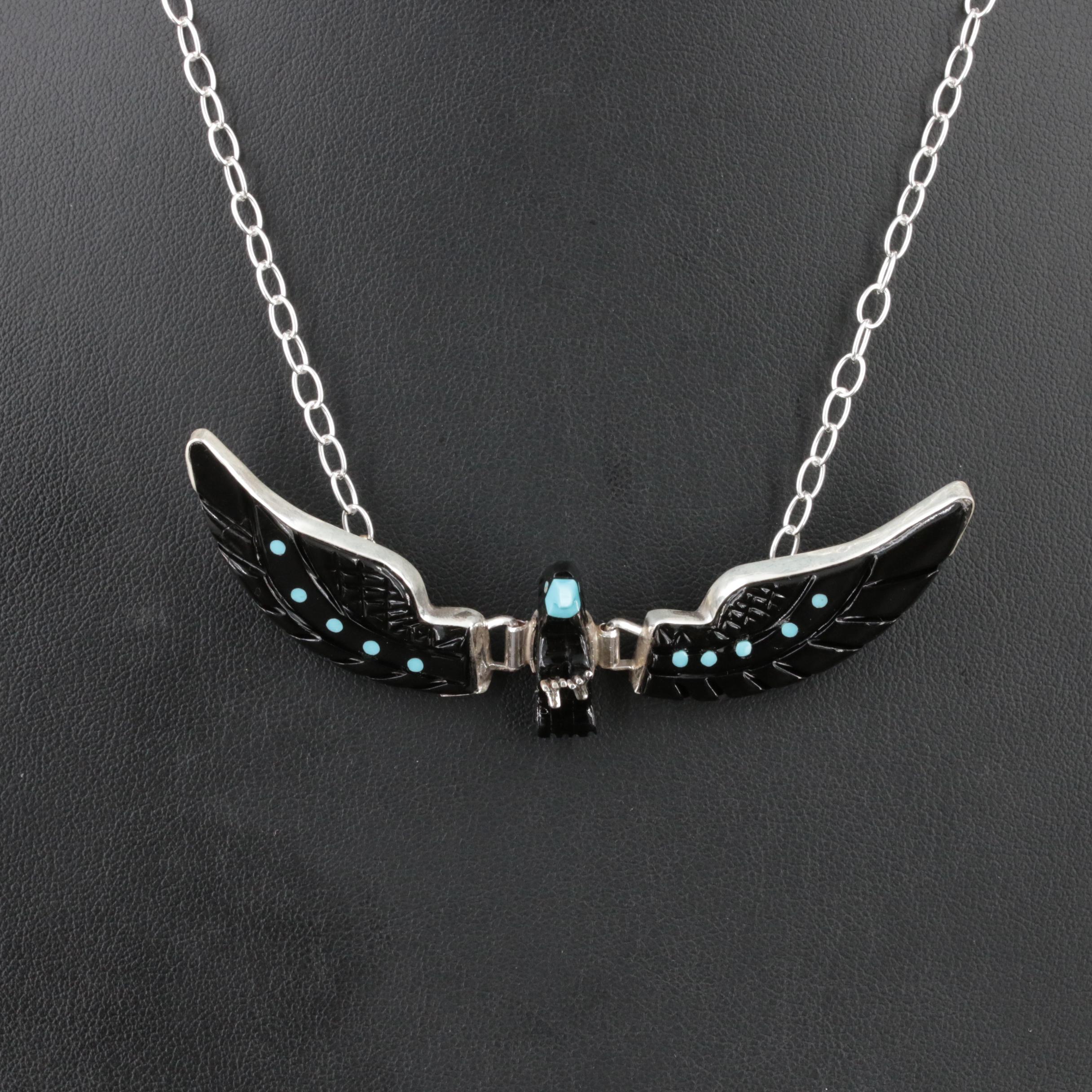 Western Style Signed Sterling Faux Black Onyx and Turquoise Bird Necklace