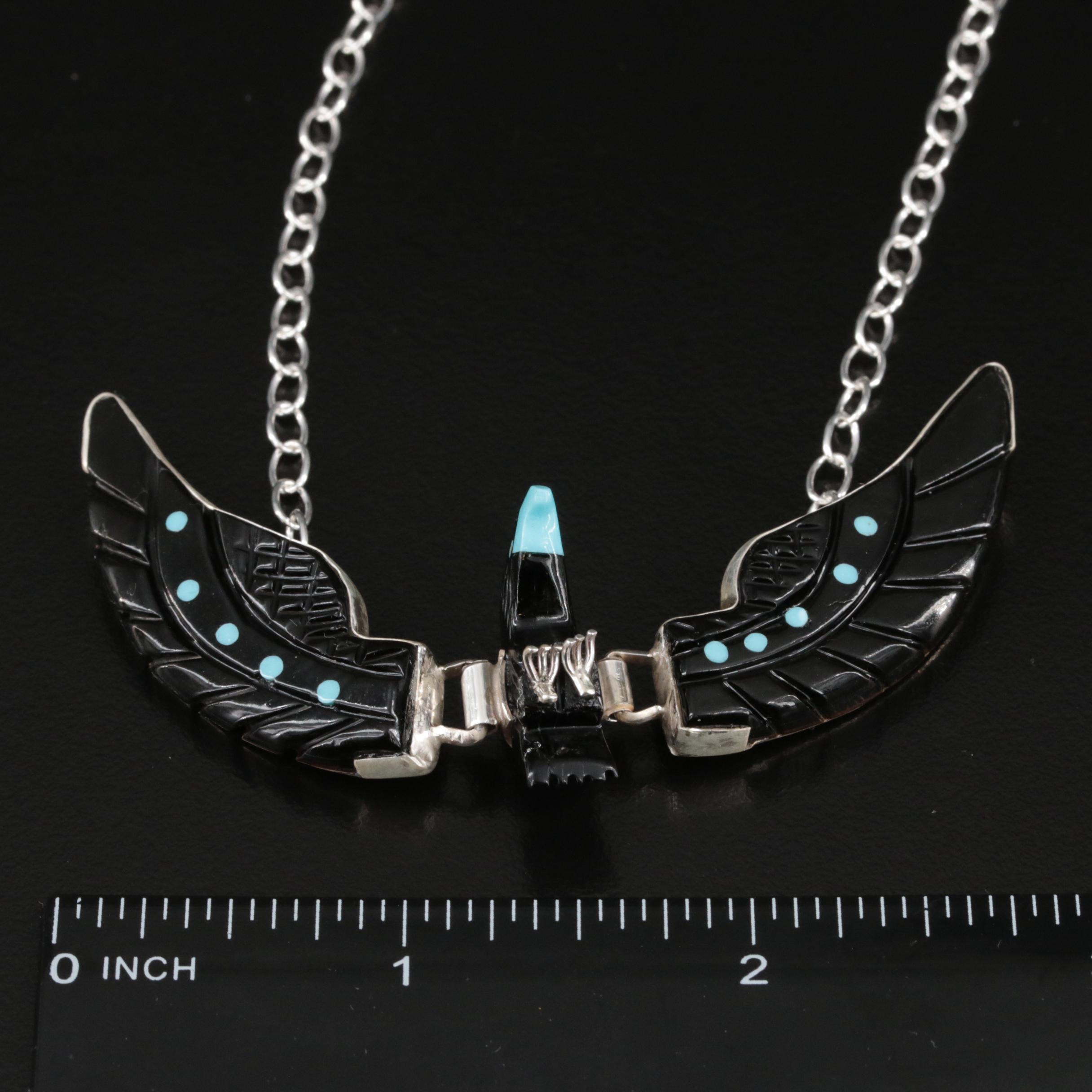 Western Style Signed Sterling Faux Black Onyx and Turquoise Bird Necklace