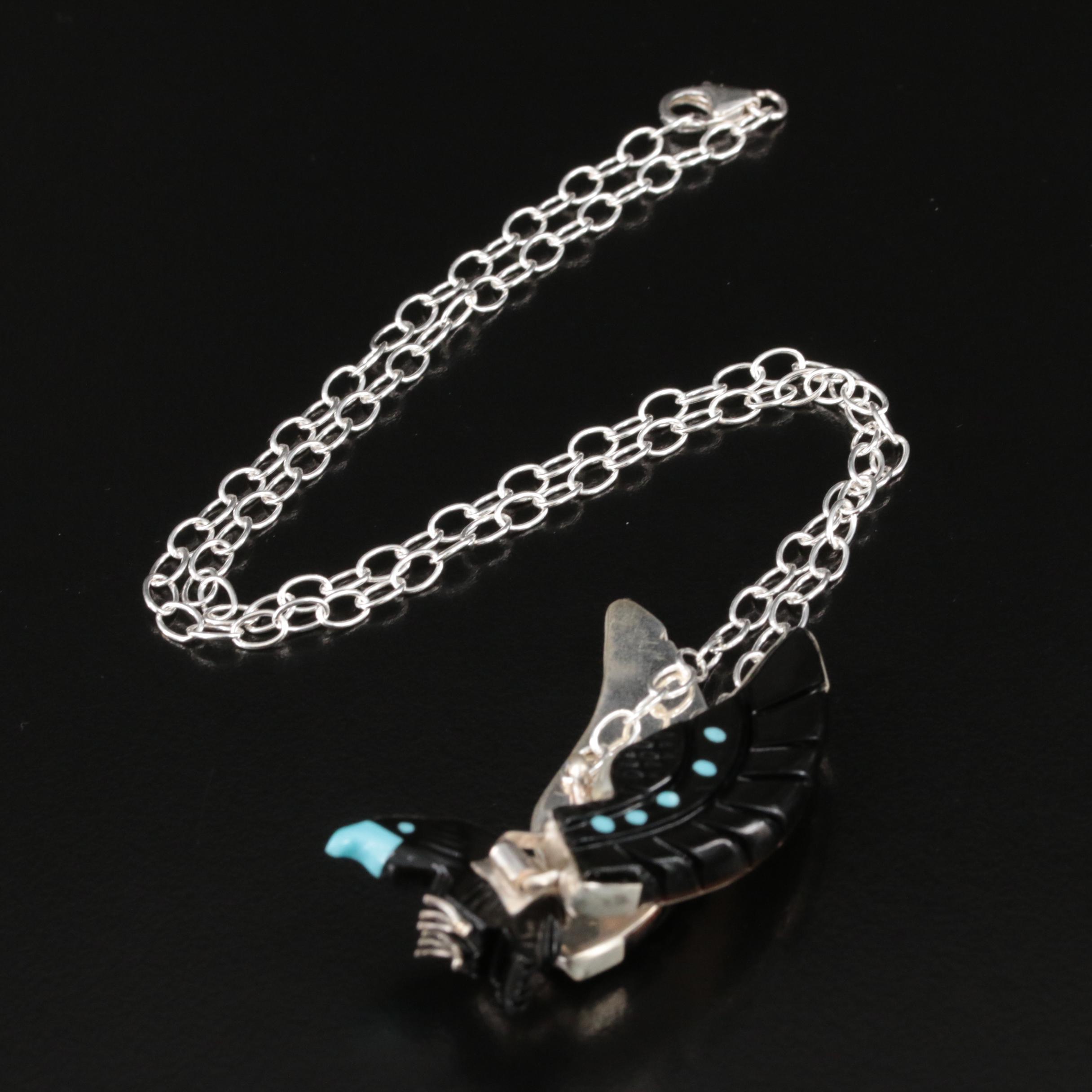 Western Style Signed Sterling Faux Black Onyx and Turquoise Bird Necklace