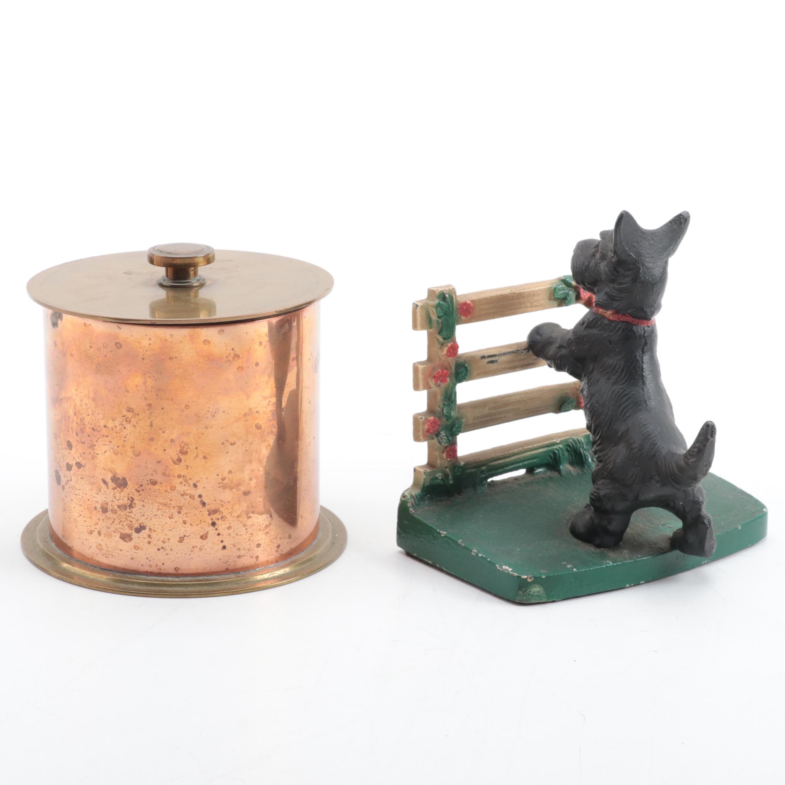 Carlson Brass and Copper Humidor with Scottish Terrier Door Stop and Table Lamp