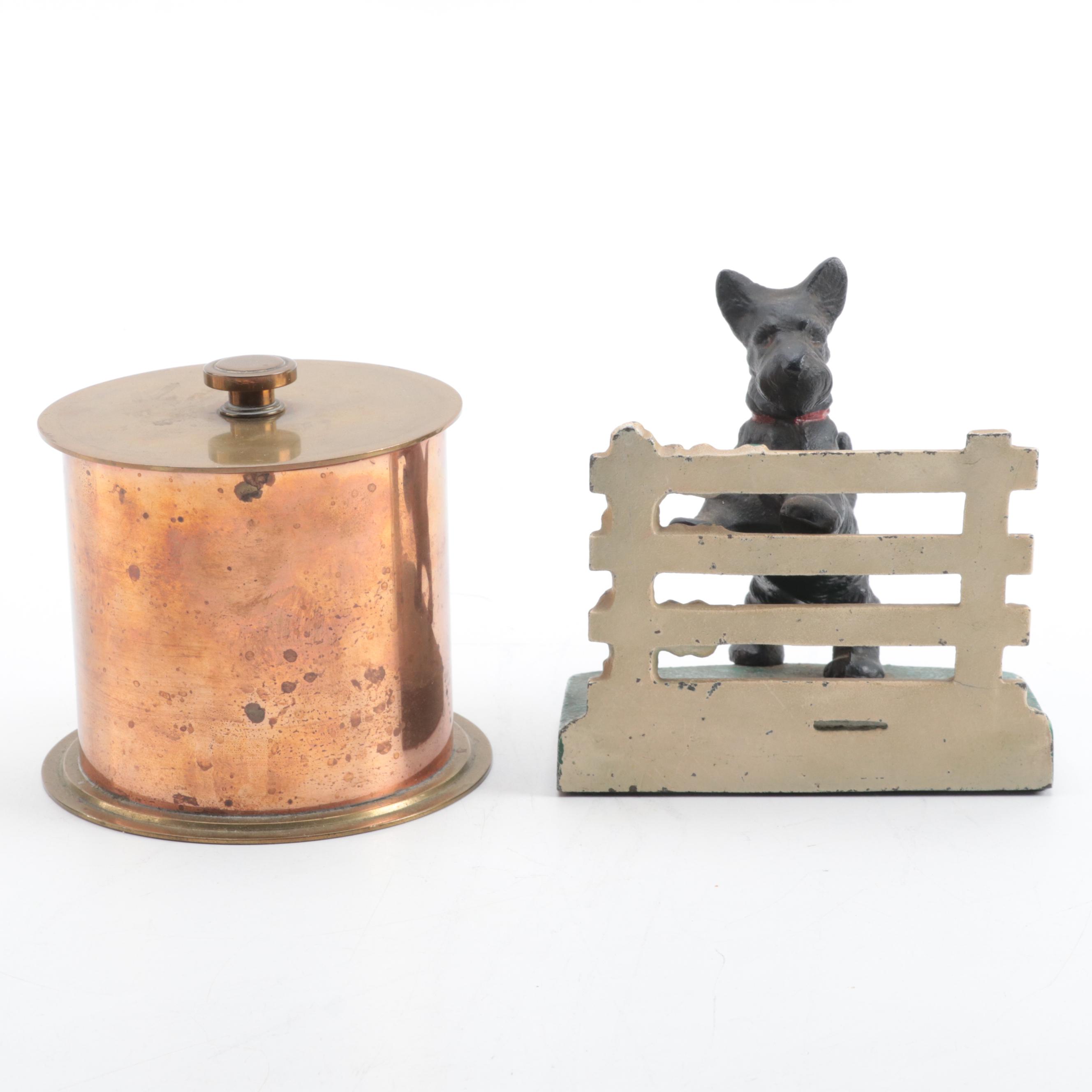 Carlson Brass and Copper Humidor with Scottish Terrier Door Stop and Table Lamp