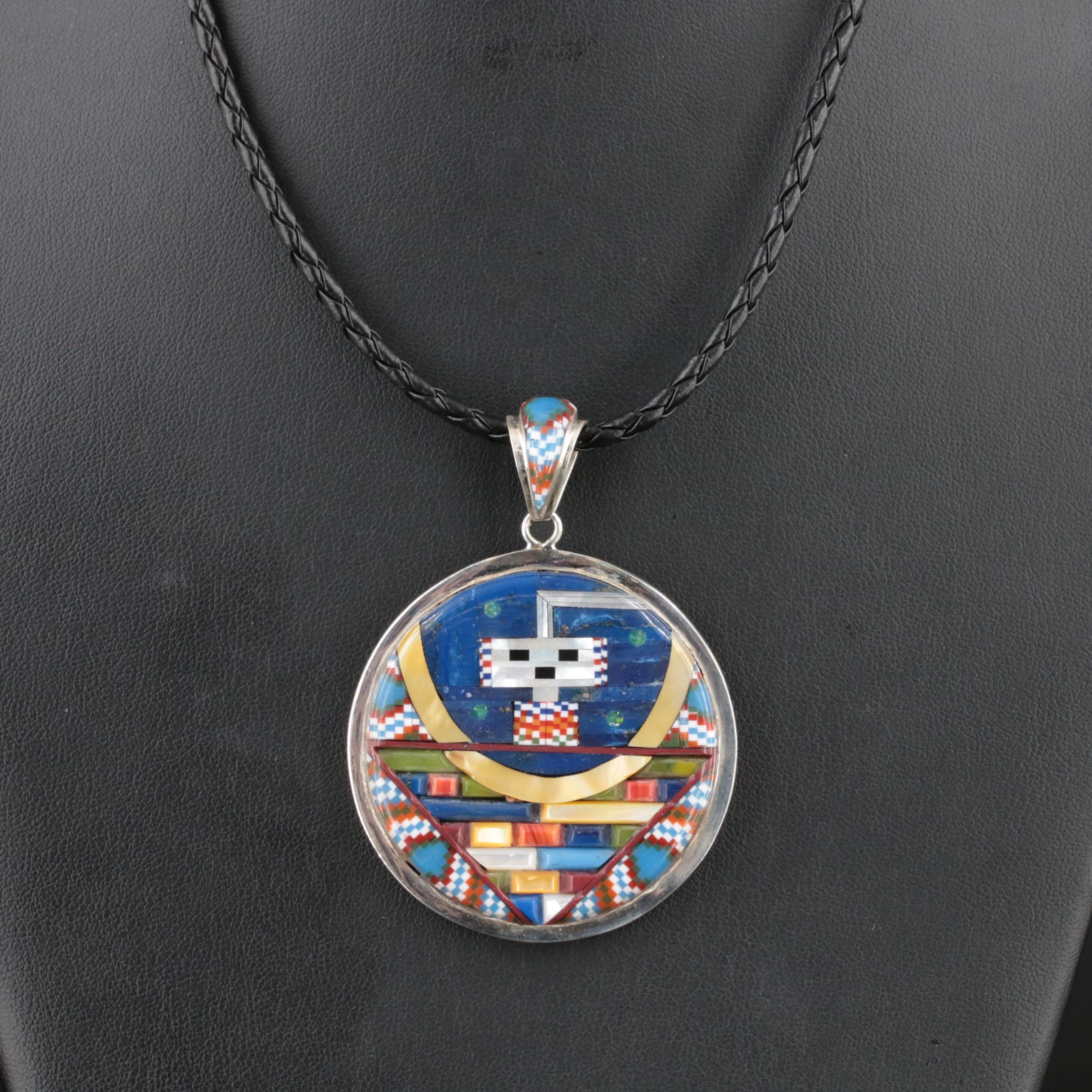 Sterling Reversible Kachina and Cannabis Leaf Inlay Pendant