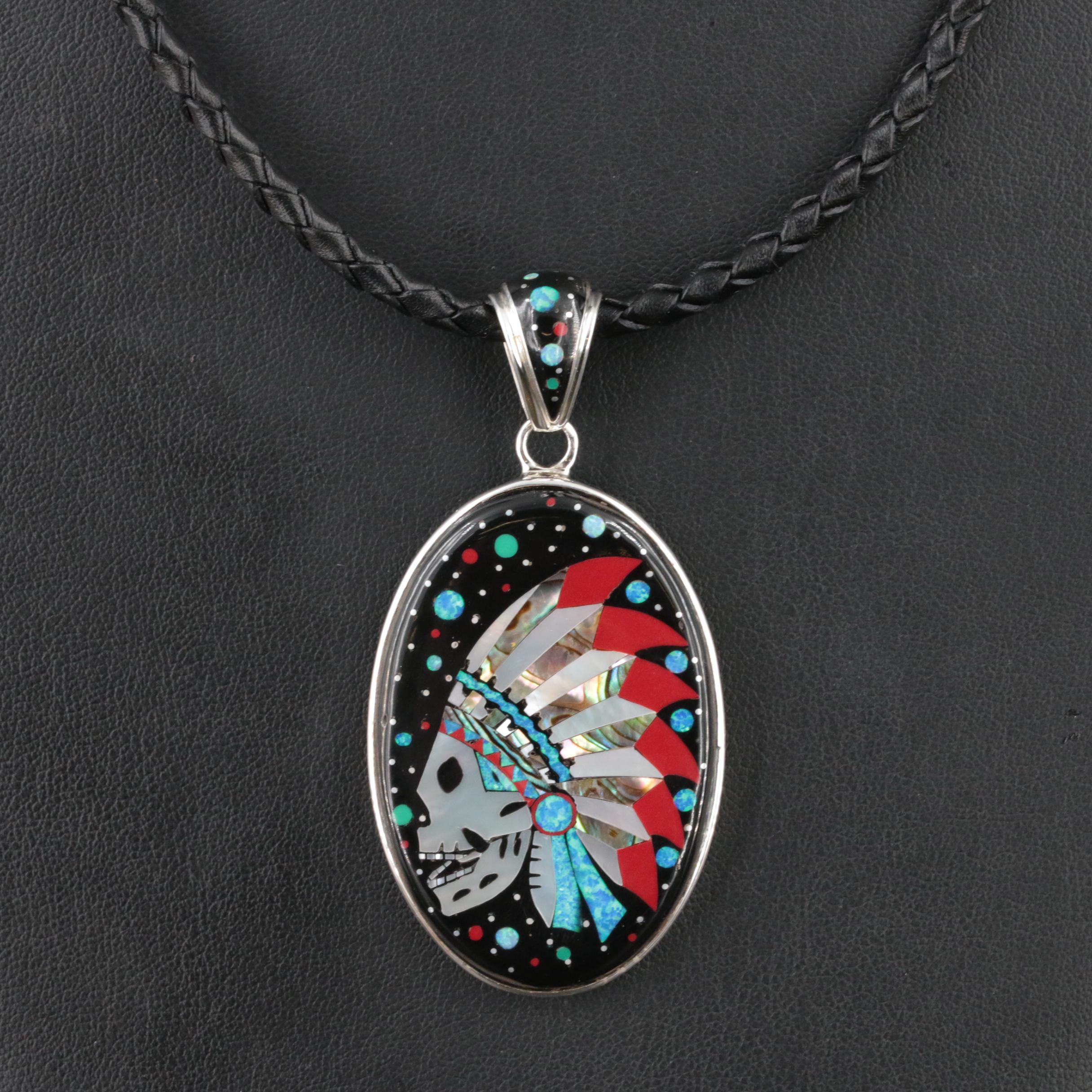Sterling Abalone, Mother-of-Pearl and Opal Skull with Headdress Pendant Necklace