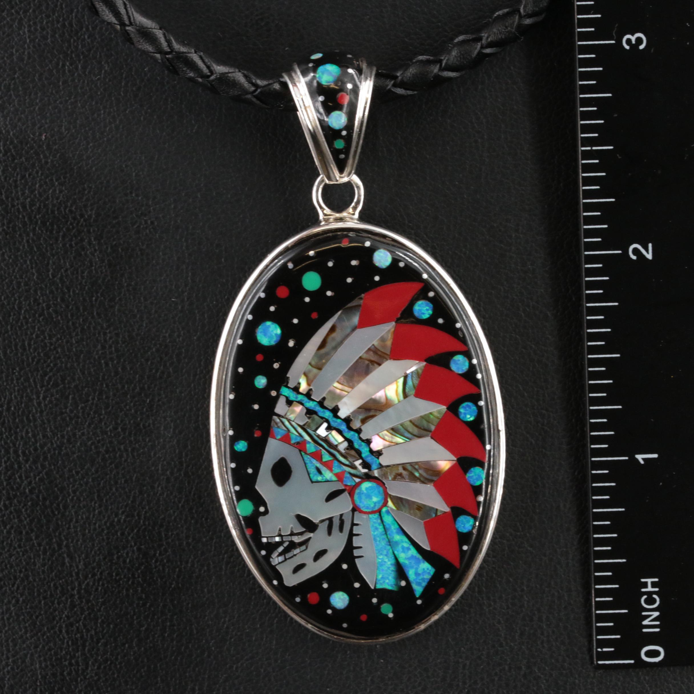 Sterling Abalone, Mother-of-Pearl and Opal Skull with Headdress Pendant Necklace