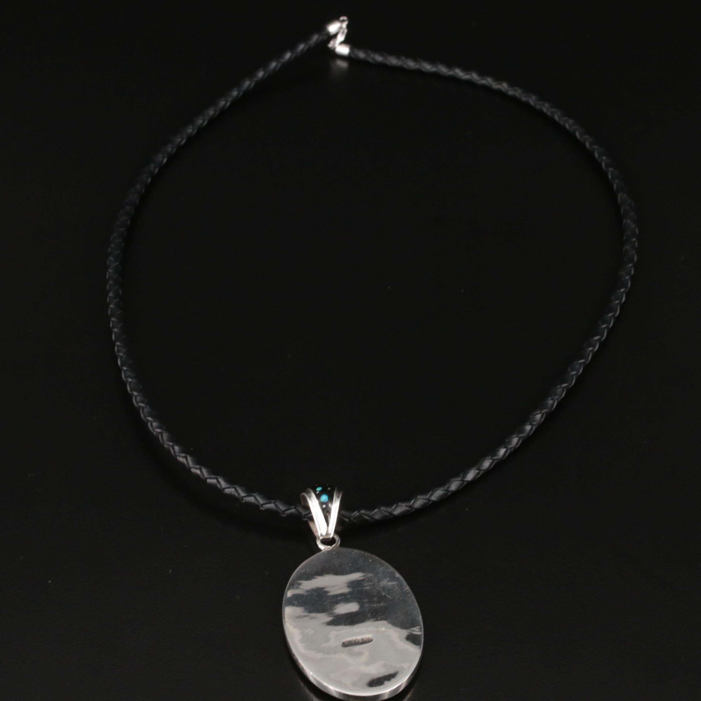 Sterling Abalone, Mother-of-Pearl and Opal Skull with Headdress Pendant Necklace