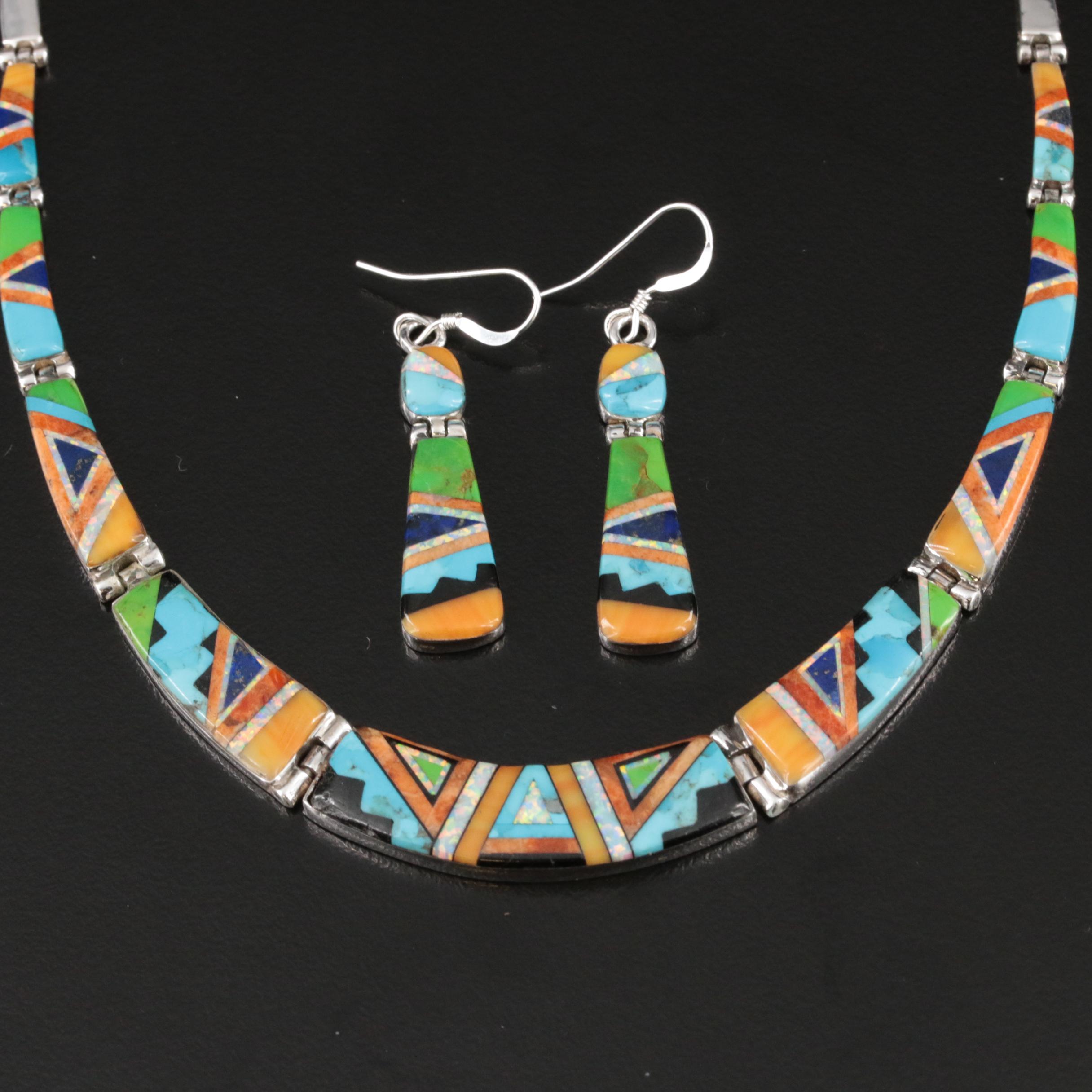 Sterling Lapis Lazuli, Turquoise and Opal Necklace and Earrings Set