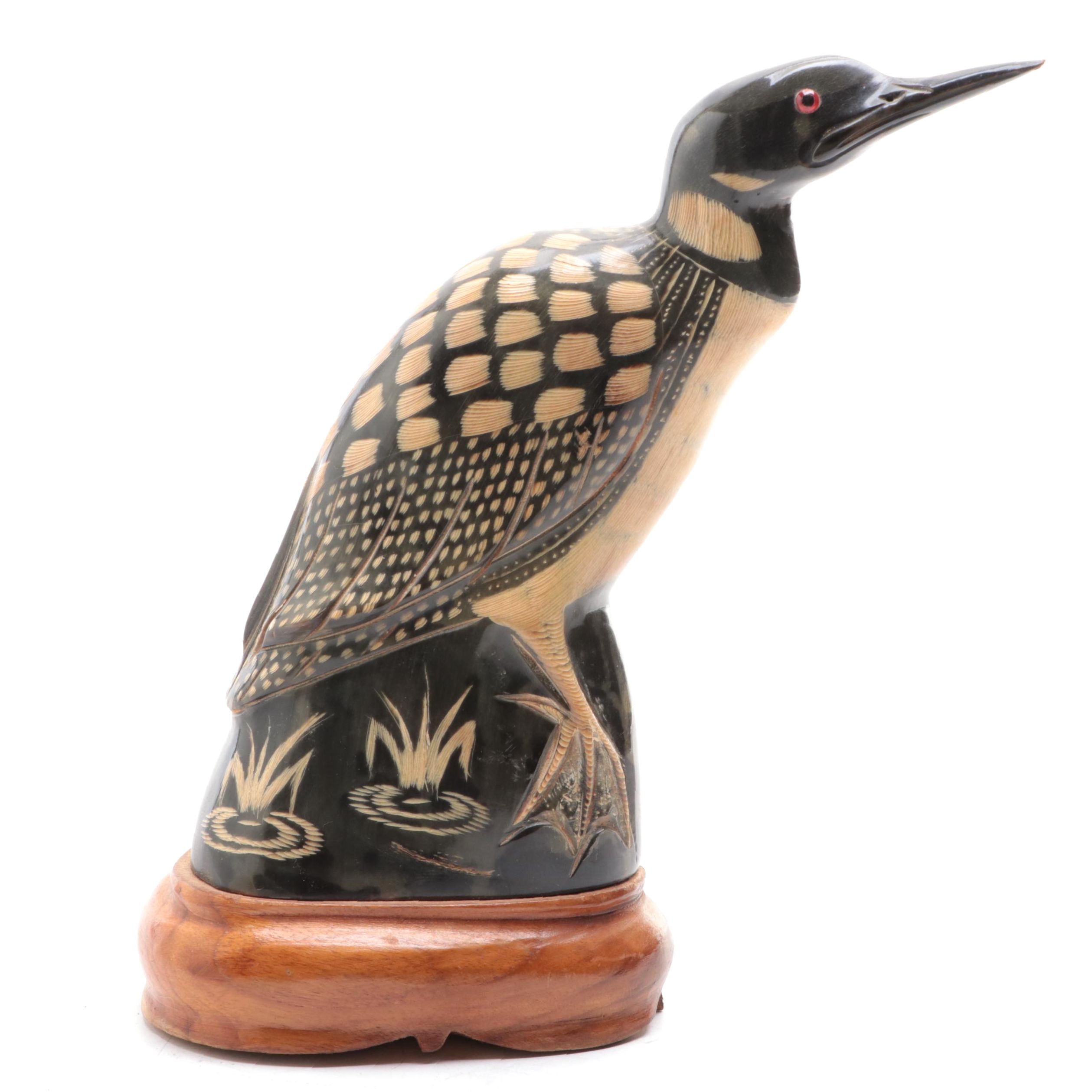 Thai Hand-Carved Horn Loon on Wood Stand