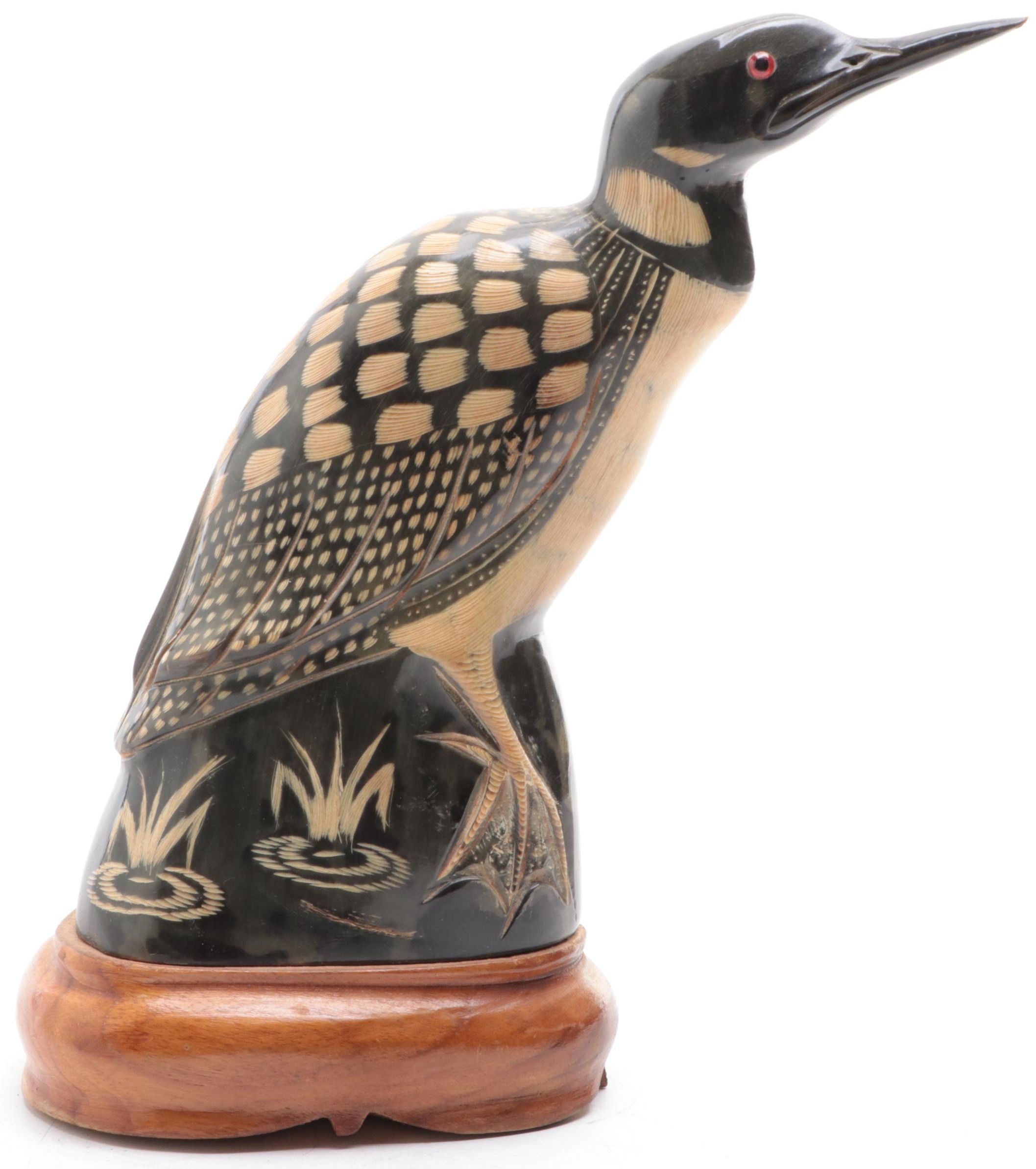 Thai Hand-Carved Horn Loon on Wood Stand
