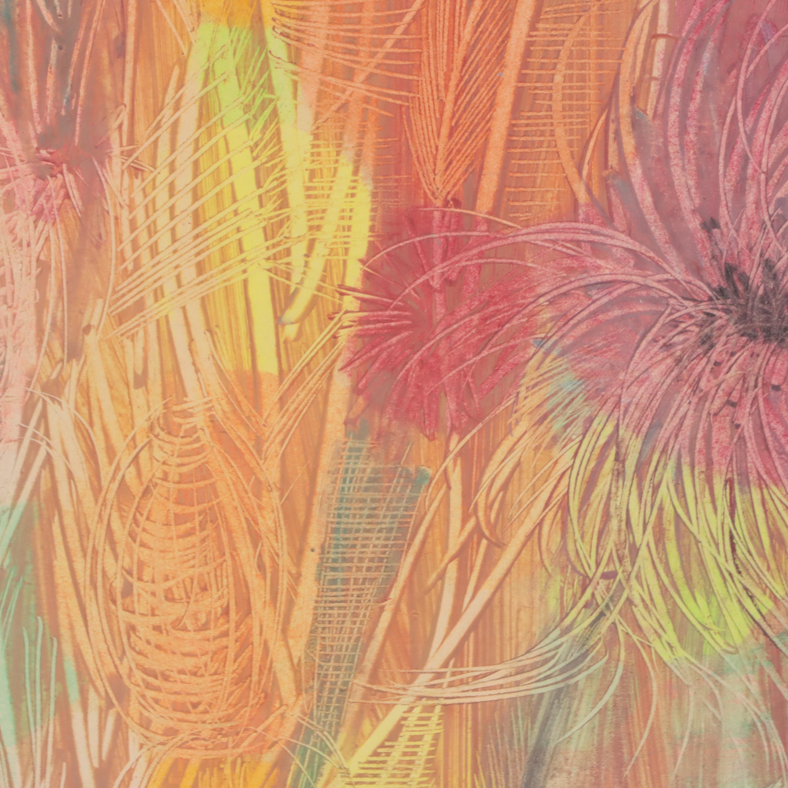 Floral Sgraffito Acrylic Painting, Circa 1960