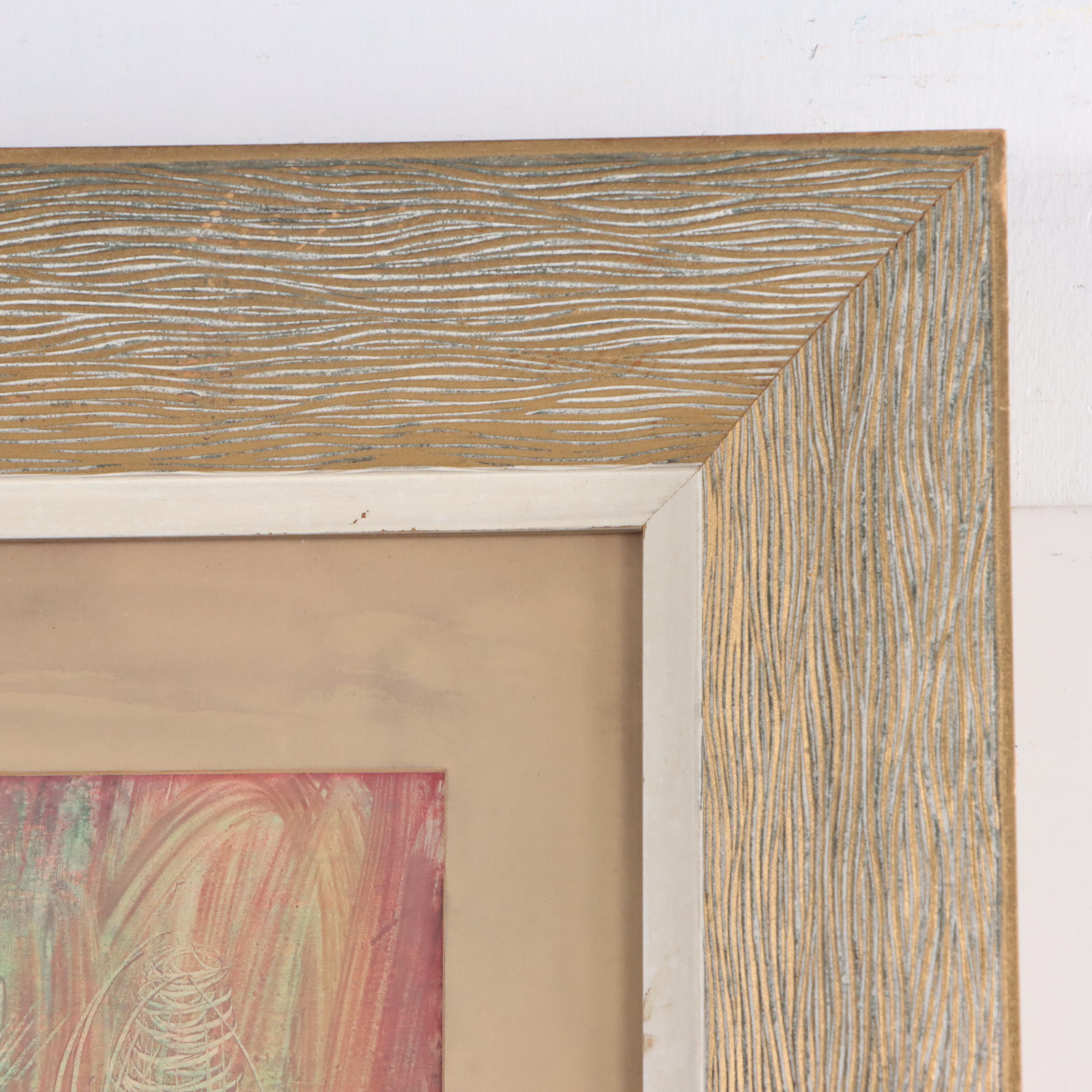 Floral Sgraffito Acrylic Painting, Circa 1960