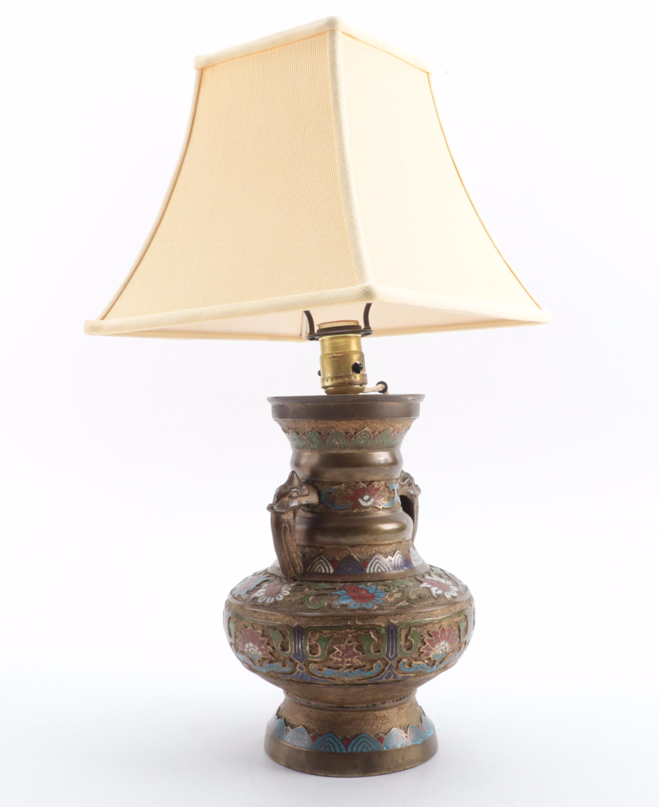 Japanese Bronze Champleve and Cloisonné Vase Table Lamp, Mid-20th Century
