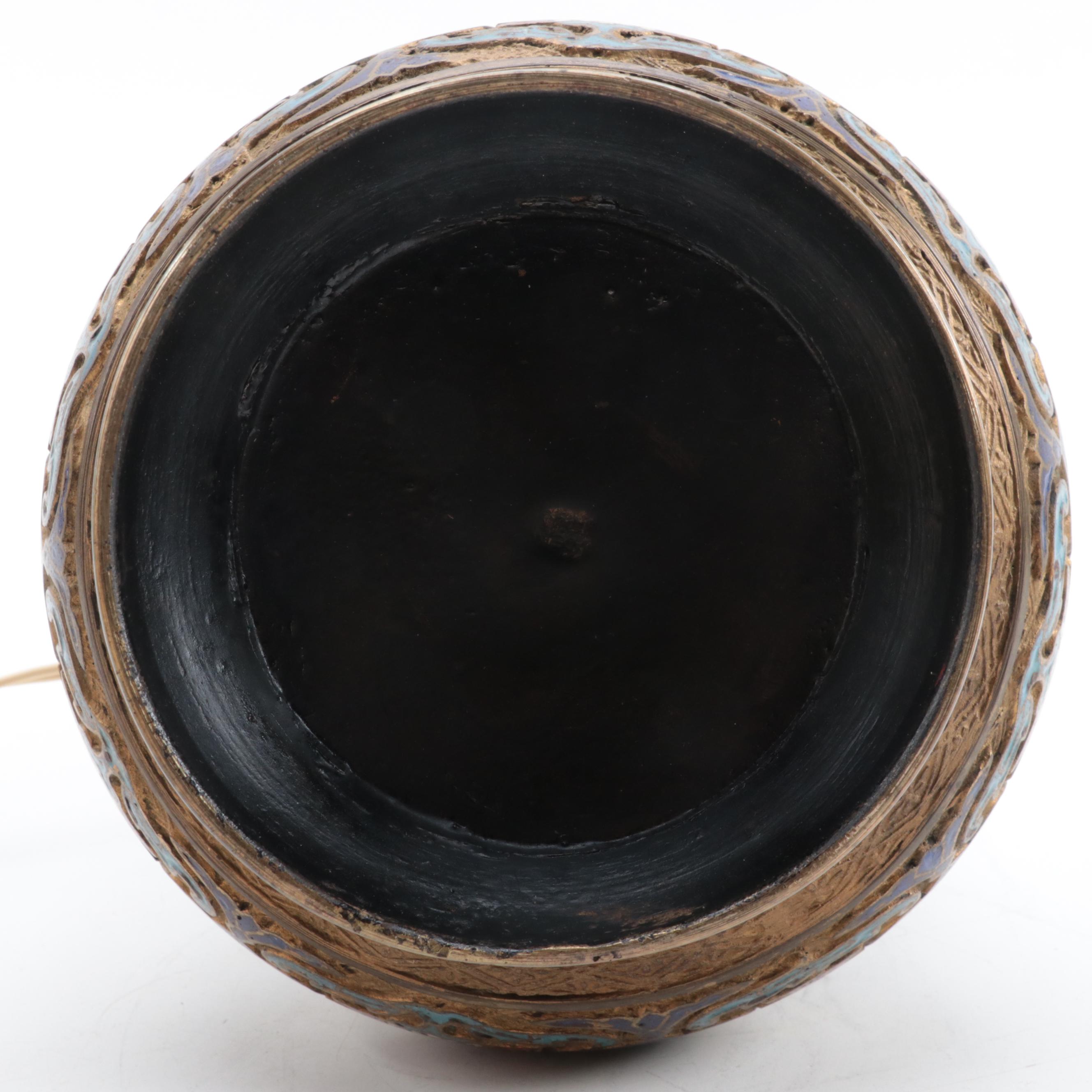 Japanese Bronze Champleve and Cloisonné Vase Table Lamp, Mid-20th Century