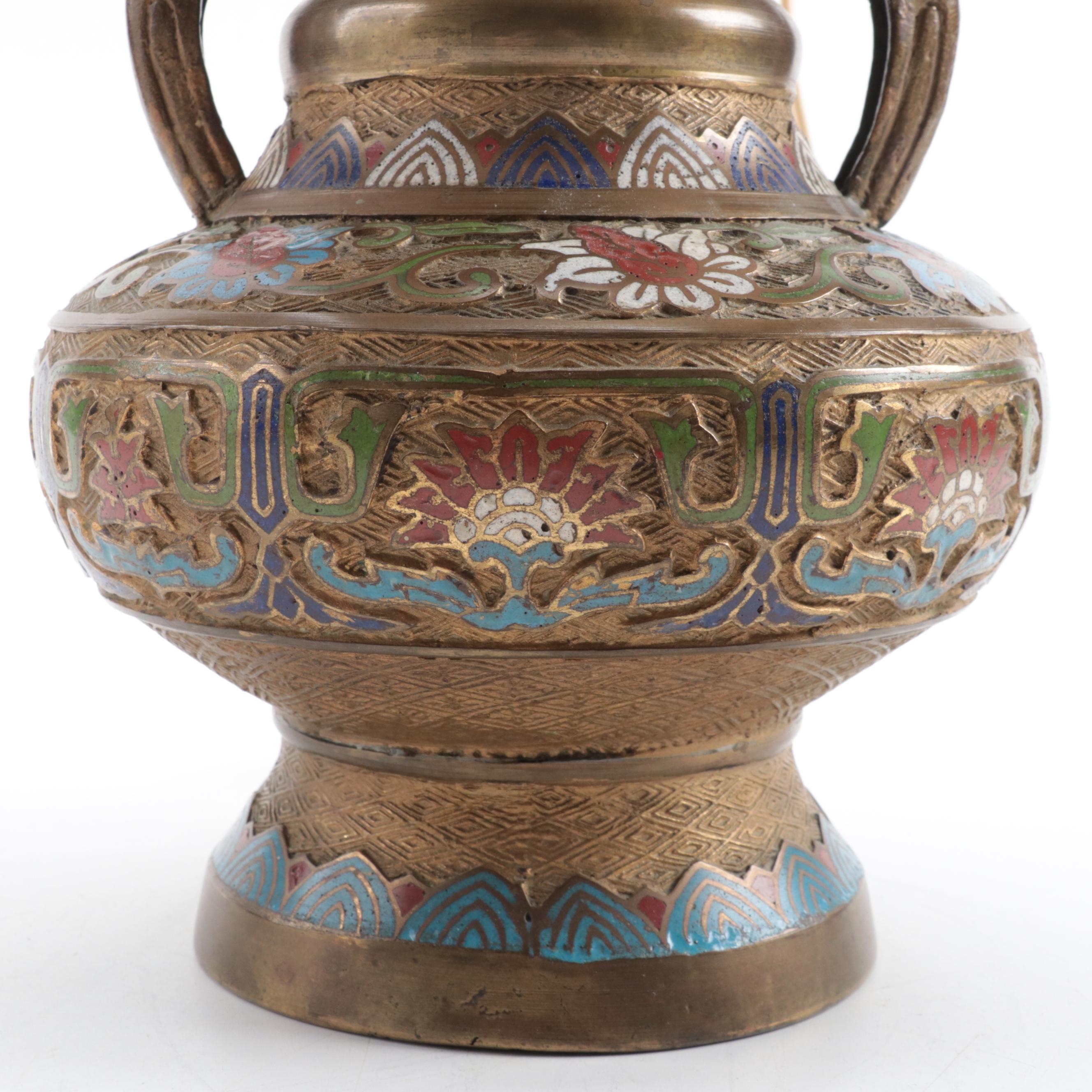Japanese Bronze Champleve and Cloisonné Vase Table Lamp, Mid-20th Century