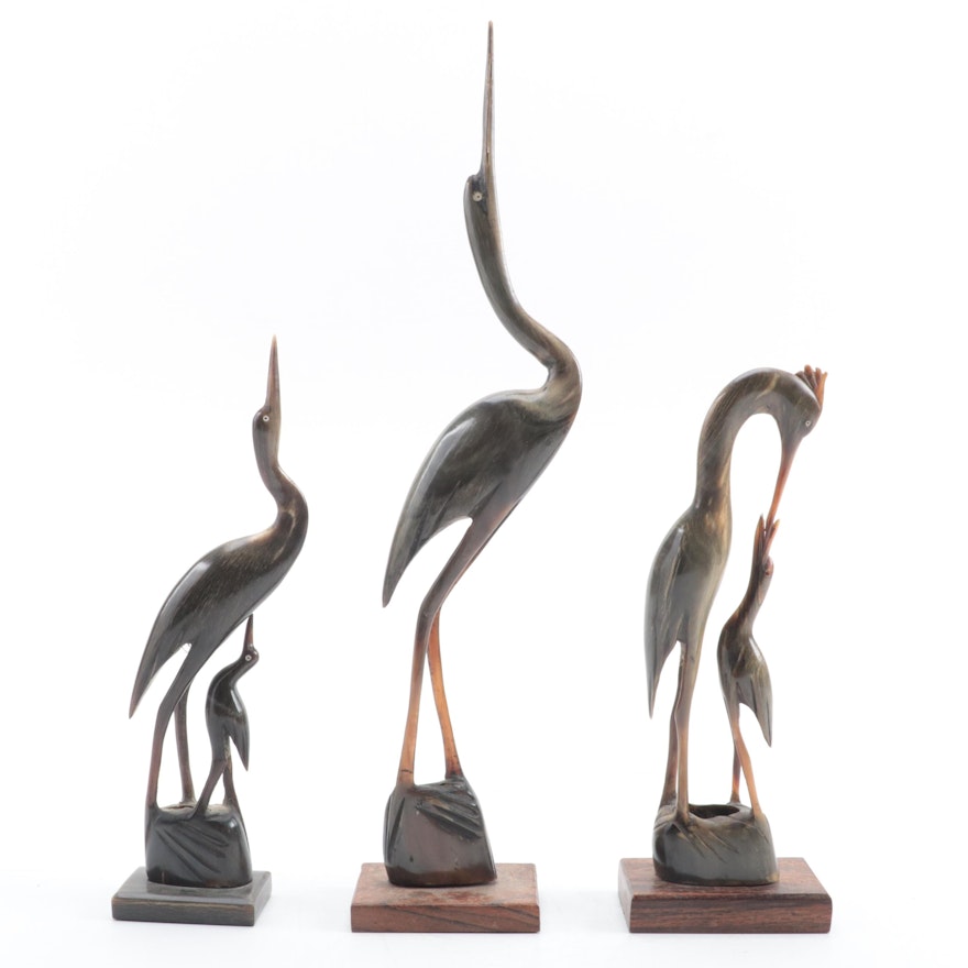 Hand-Carved Horn Heron Figurines