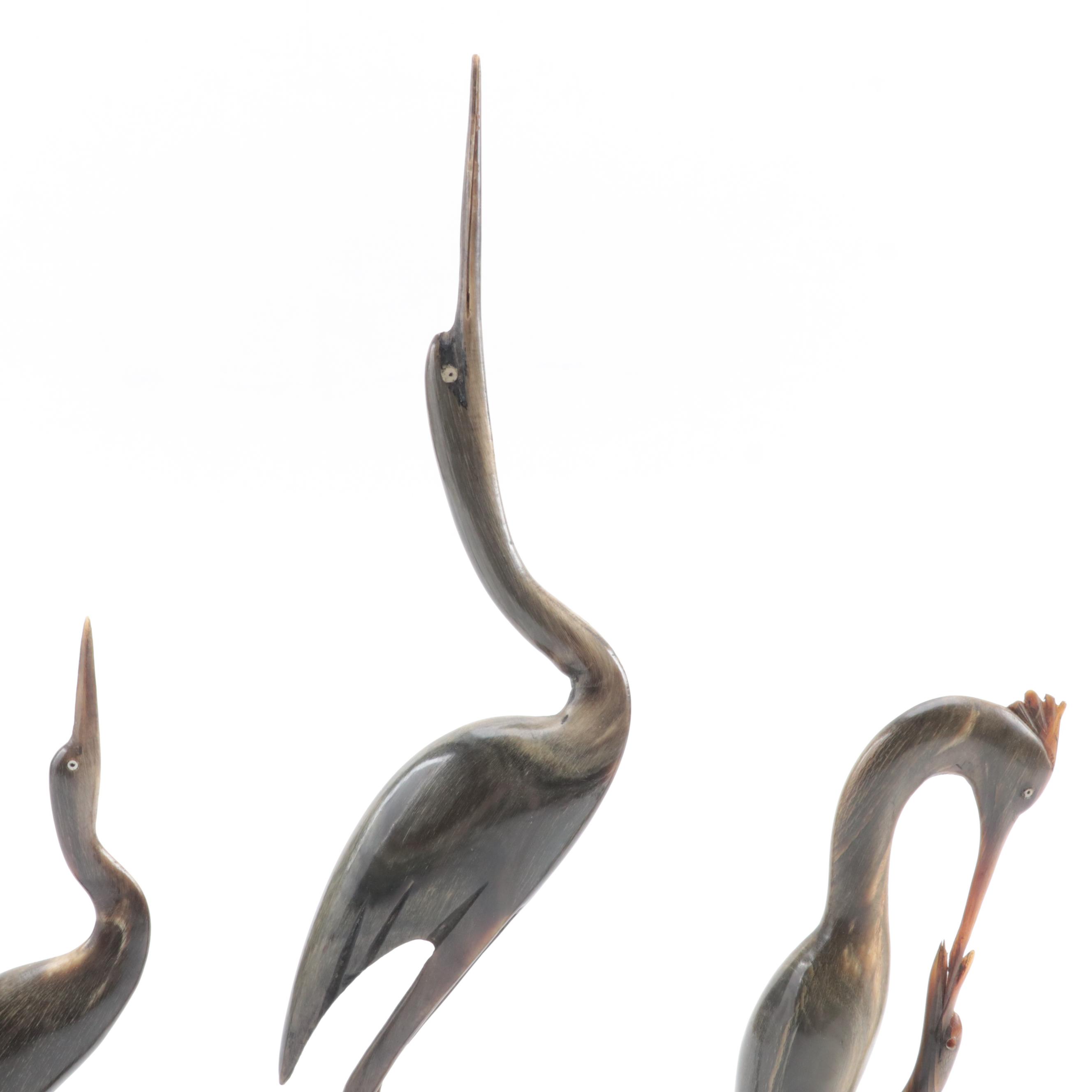 Hand-Carved Horn Heron Figurines